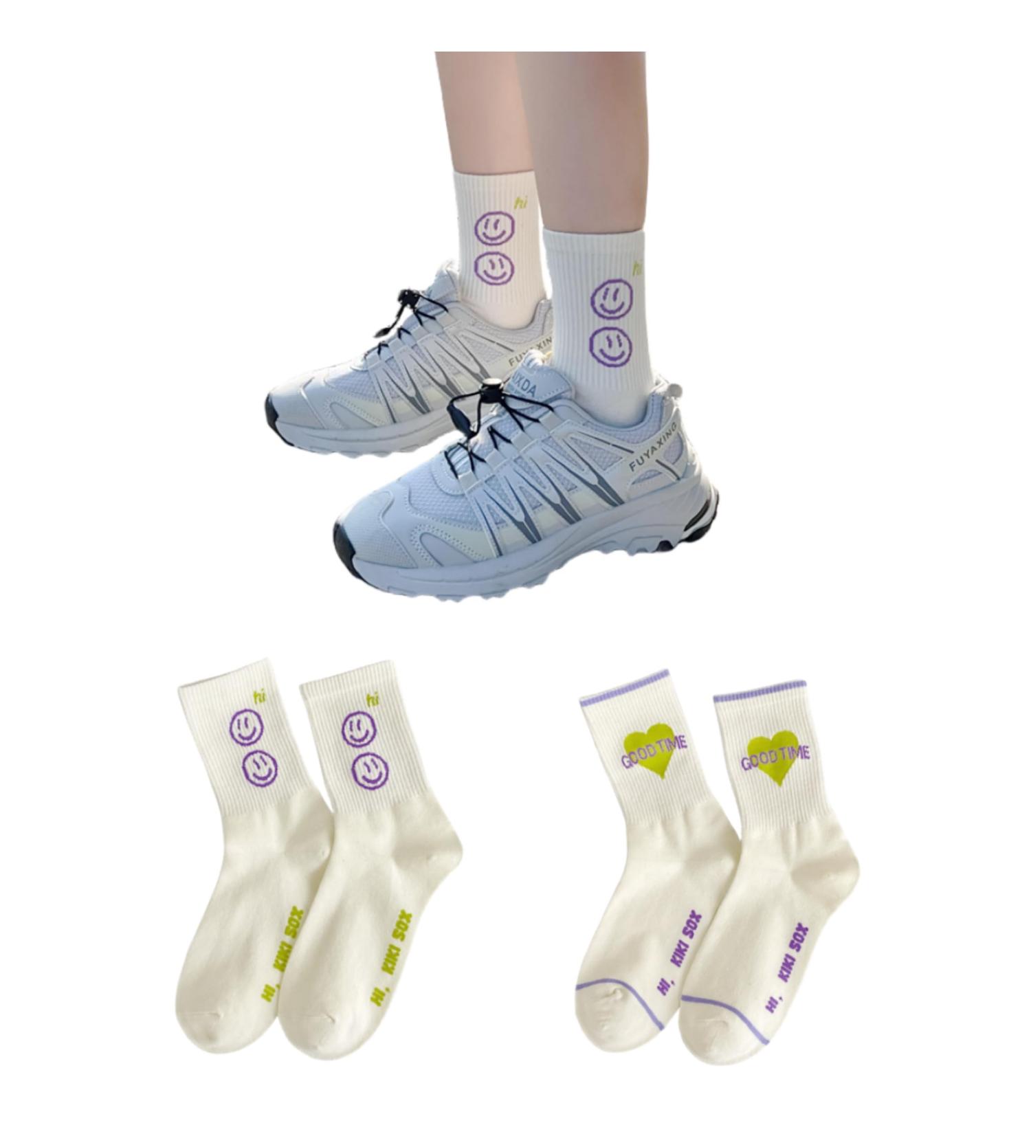 Akamas Women's Crew Socks - White Smile Face Pattern Breathable Cotton Trendy Gift for Girls 35-41 - Buy Online on GoSupps.com
