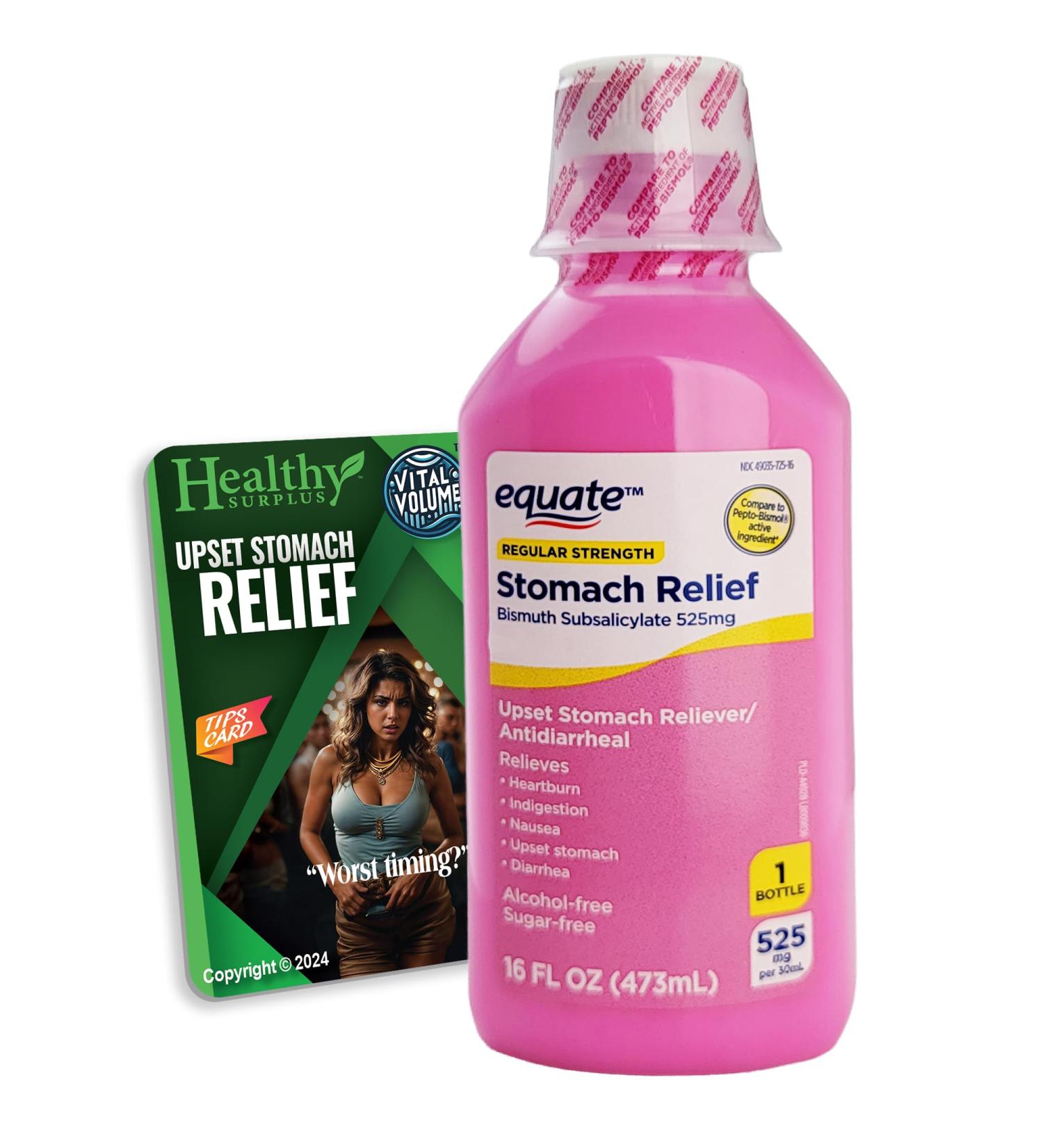 Healthy Surplus Equate Stomach Relief Liquid 16 FL OZ (473mL) Bismuth Subsalicylate 525mg and Vital Volumes Upset Stomach Tips Card Bundle - Buy Online on GoSupps.com