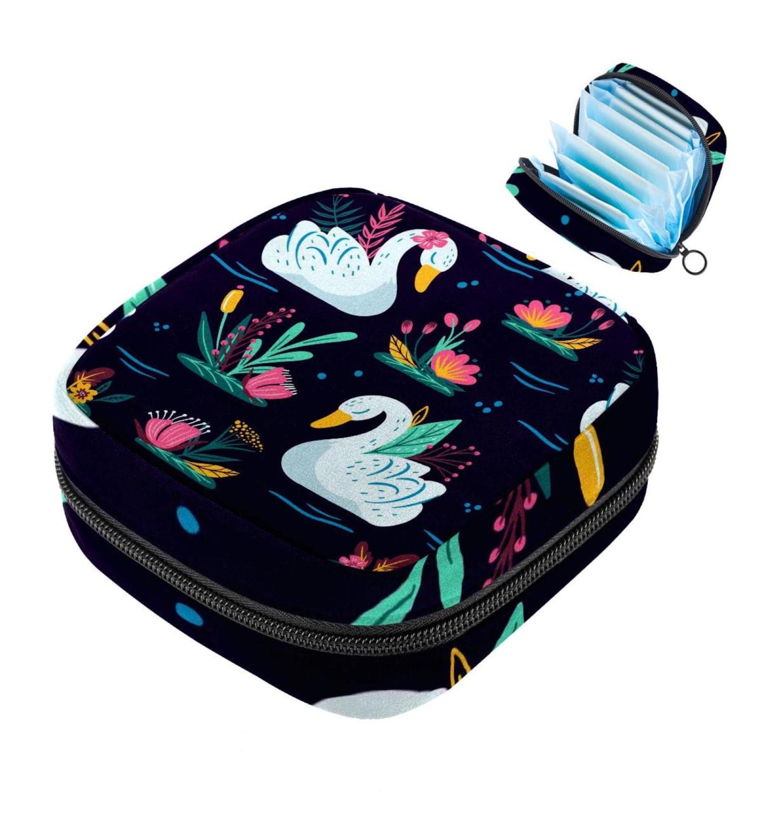 Womens Napkin Storage Pocket - White Swan & Colorful Flowers | Portable Menstrual Cup & Bandage Bags for First Period - Buy Online on GoSupps.com