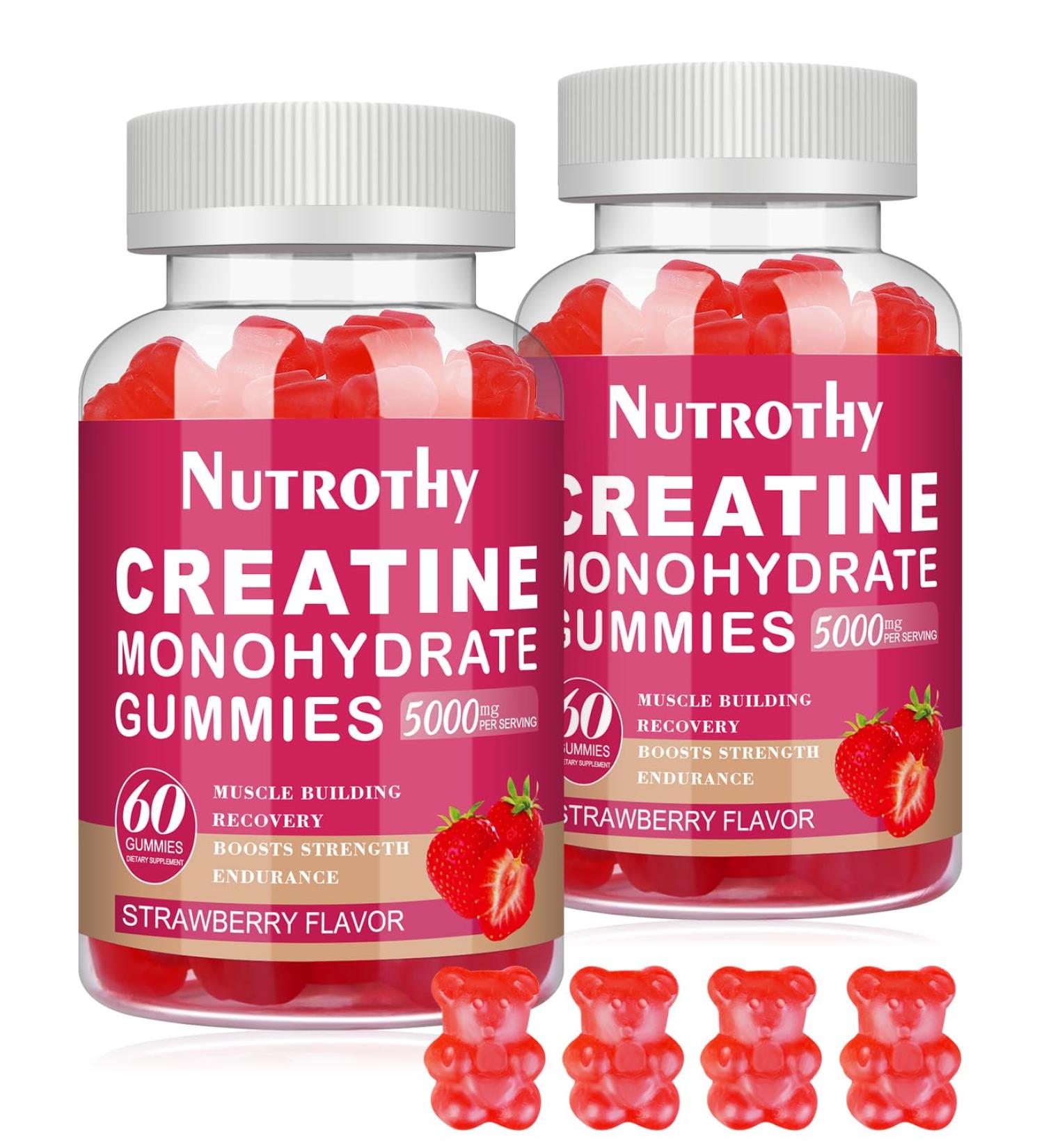 Creatine Monohydrate Gummies 5g - Sugar Free Chewable Supplement with L-Taurine & B12 for Muscle Strength & Recovery - Strawberry Flavor - 120 Count - Buy Online on GoSupps.com