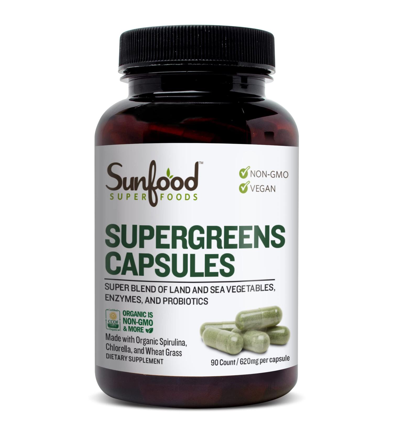 Sunfood Supergreens Capsules 620 mg â€“ 90 Count for Optimal Health - Buy Online on GoSupps.com