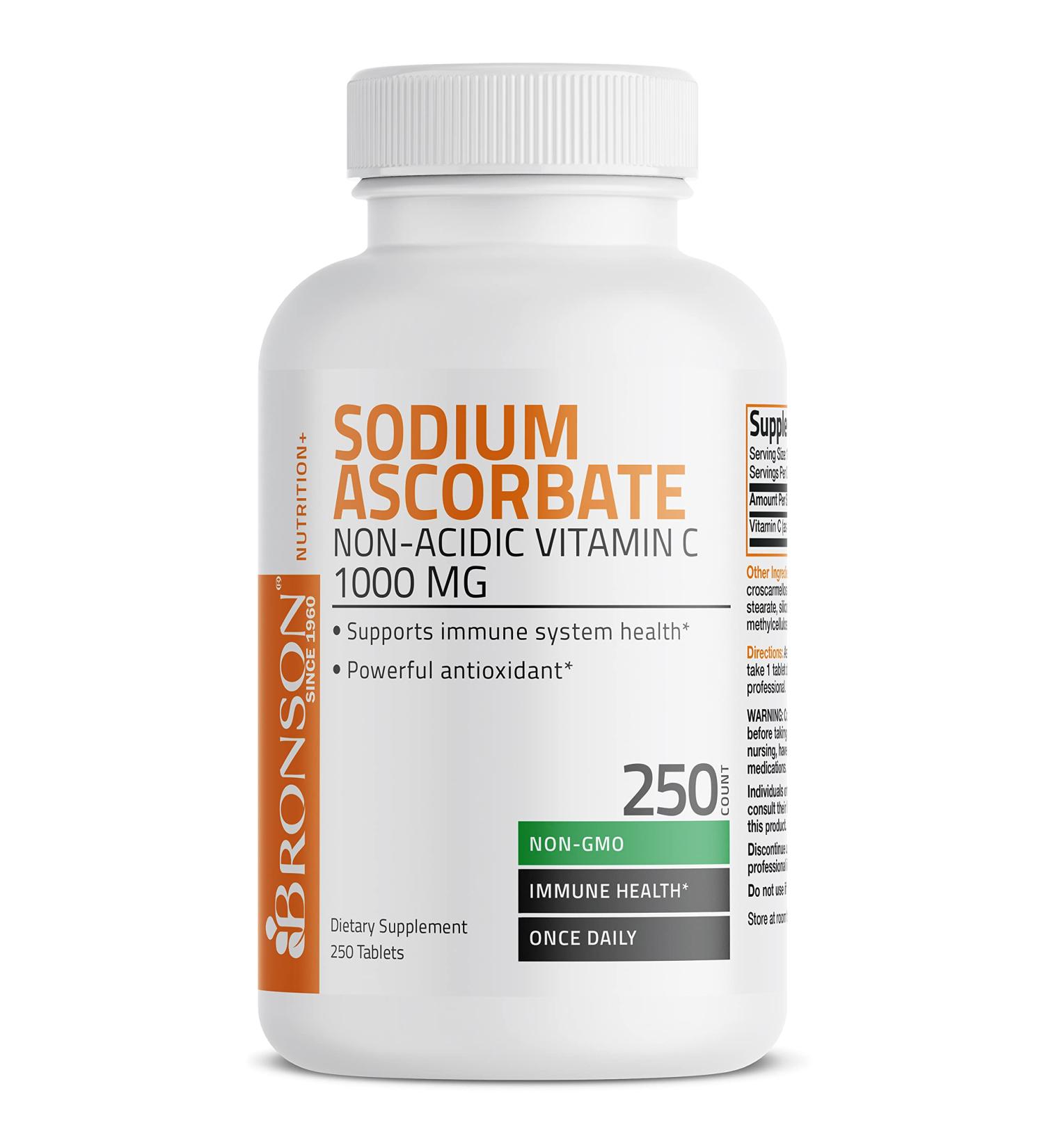 Sodium Ascorbate 1000mg Tablets - Non Acidic Vitamin C Supplement for Immune Support - Gentle on Stomach, Powerful Antioxidant - 250 Count - Buy Online on GoSupps.com