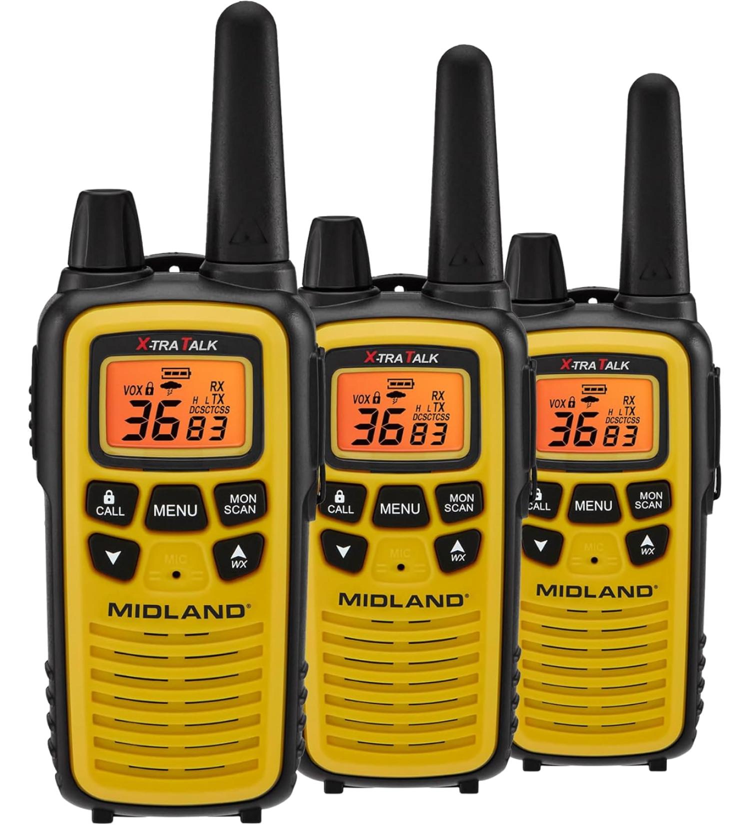Midland 36 Channel FRS Two-Way Radio 3-Pack - Long Range Walkie Talkie with 121 Privacy Codes, NOAA Weather Scan & Alert - Yellow/Black - Buy Online on GoSupps.com