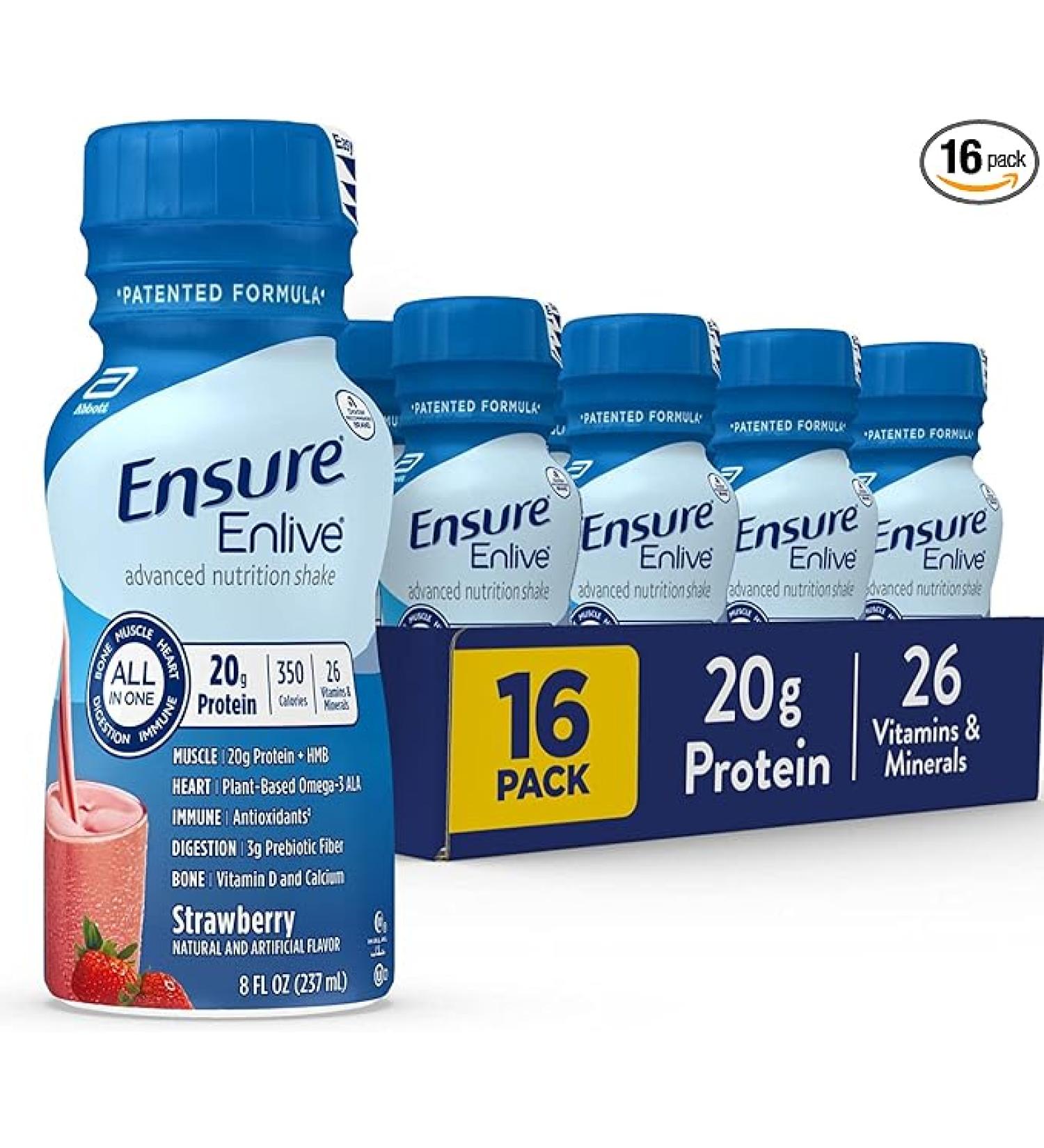 Ensure Enlive Meal Replacement Shake - 20g Protein  350 Calories  Advanced Nutrition  Strawberry Flavour - 8 Fl Oz (Pack of 16) - Buy Online on GoSupps.com
