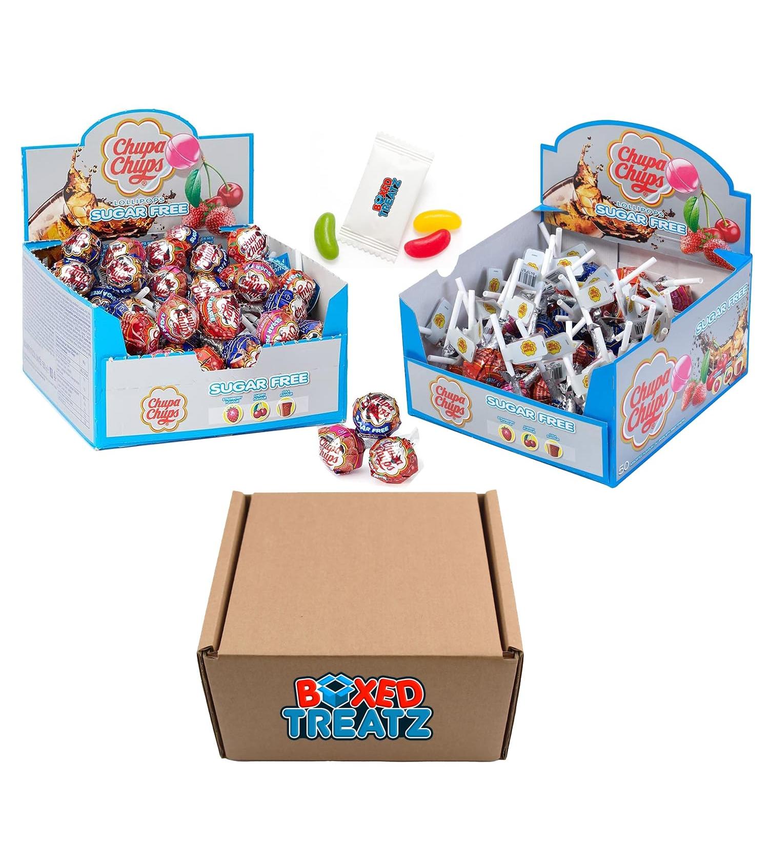 Chupa Chups Party Sweets - Sugar Free Assorted Box of Lollipops (100 Lollies In 3 Flavours) Boxed Treatz - Buy Online on GoSupps.com