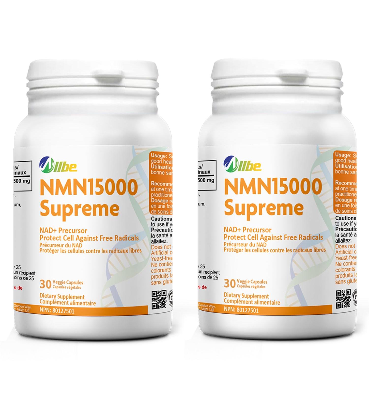 ALLBE NMN 15000 Supreme Capsules - 30 Count Nicotinamide Mononucleotide NMN 500mg NAD+ Supplement for Protection Against Free Radicals & support cellular health Made in Canada - Pack of 2 30 count (Pack of 2) Nmn 15000 (500mg) - Buy Online on GoSupps.com