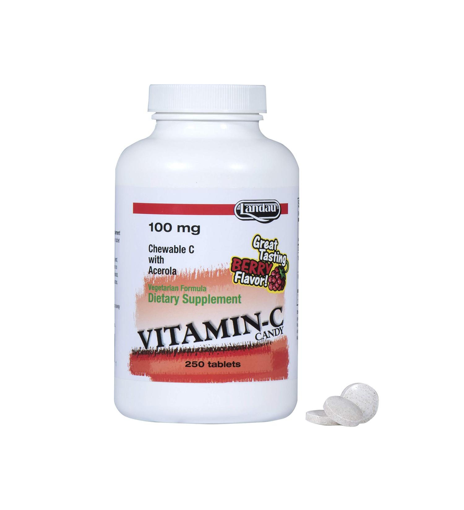 Landau 100mg Chewable Vitamin C Candy for Kids & Adults Easy-to-Take Vitamin C Supplement with Acerola Kosher & Made in The USA Great Tasting Berry Flavor 250 Tablets 250 Count (Pack of 1)