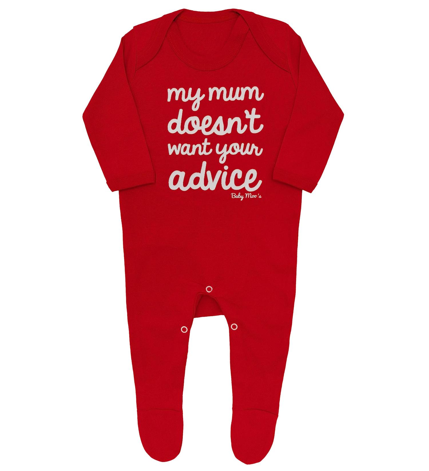 Baby Moo's Funny Baby Sleepsuit for Boys or Girls | Novelty My Mum Doesn't Want Your Advice Baby Romper Outfit - Unique New Baby or Mum Gift UK 6-12 Months Red