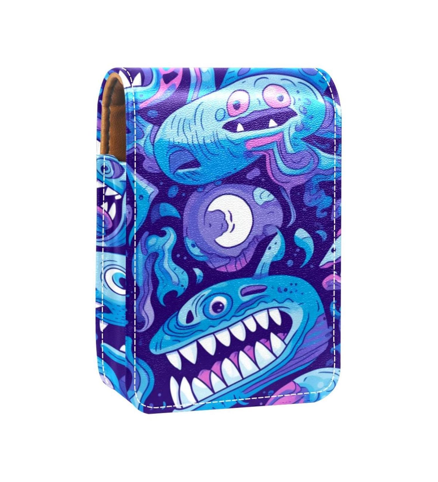 Travel Lipstick Organizer Case | Portable Makeup Bag with Mirror | Abstract Blue Cartoon Dinosaur Design - Buy Online on GoSupps.com