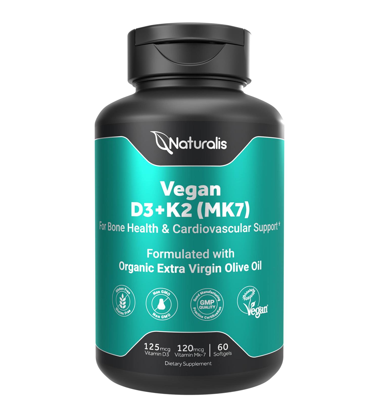 Naturalis Vegan Vitamin D3 + K2 Algae Supplement | 5000iu D & 120mcg K | Vegan Society Certified | 60 Veggie Softgels - Buy Online on GoSupps.com