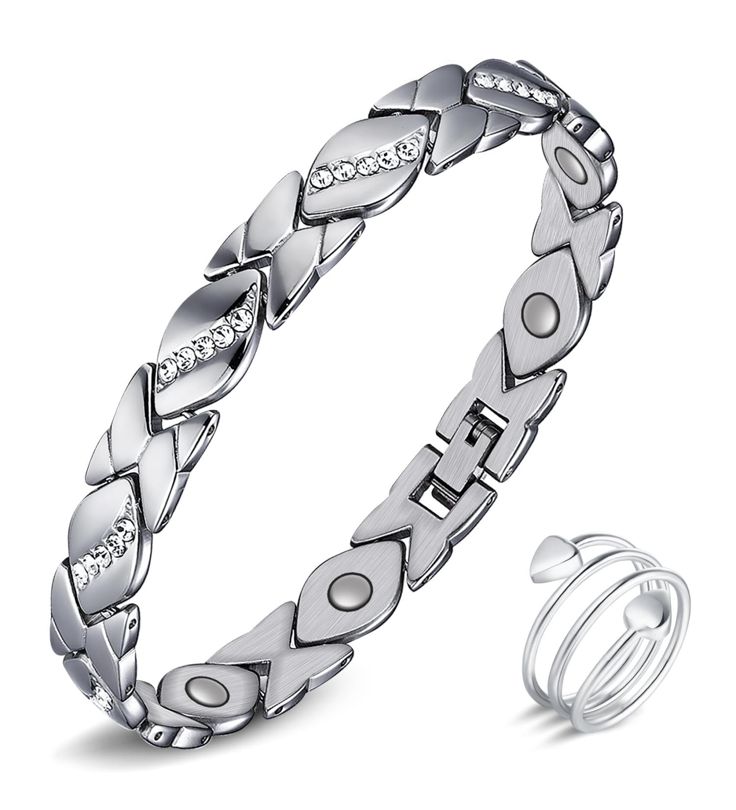 Jeracol Sparkling Crystal Magnetic Bracelet & Love Heart Ring Set | Mother's Day Gift | Adjustable Size | Titanium Steel & Copper | Gift Box Included - Buy Online on GoSupps.com