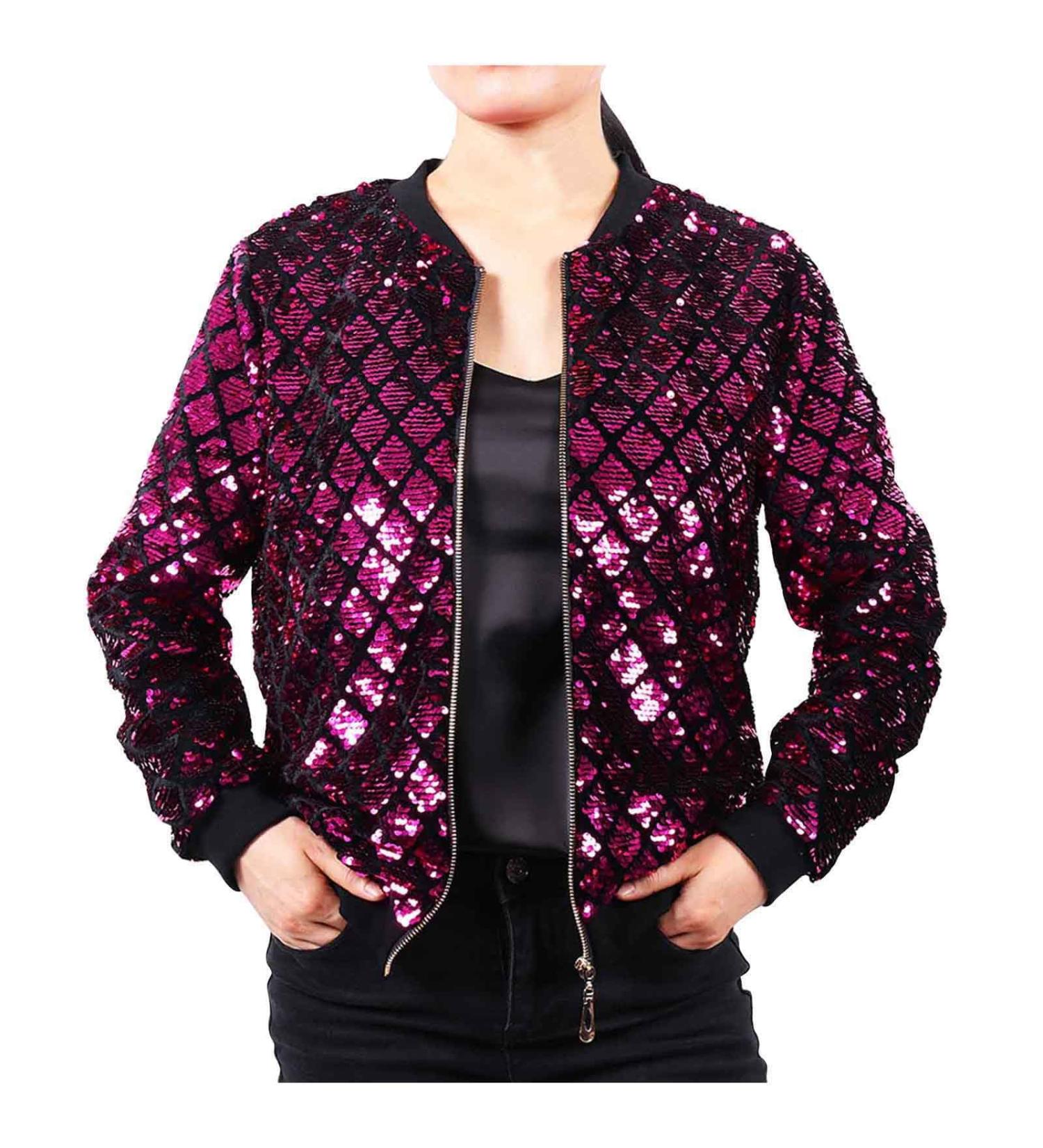Women's Casual Winter Long-Sleeve Coat Round-Neck Hoodless Sequin Jacket Hot Pink Large - Buy Online on GoSupps.com