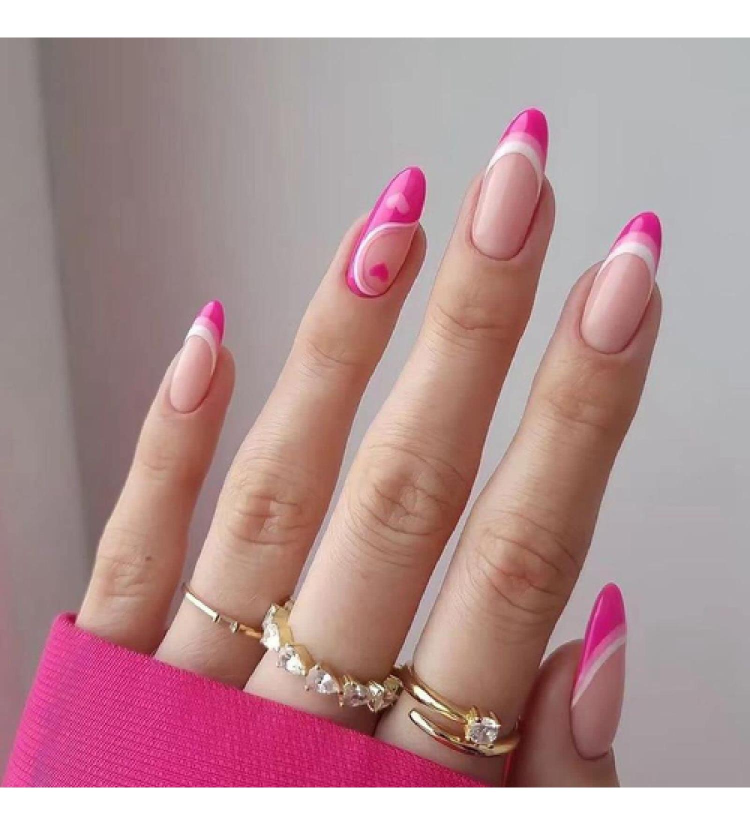 24pcs/Box Almond False Nails Black Line Design Artificial Ballerina Fake Nails with Glue Full Cover Nail Tips Press On Nails A1116