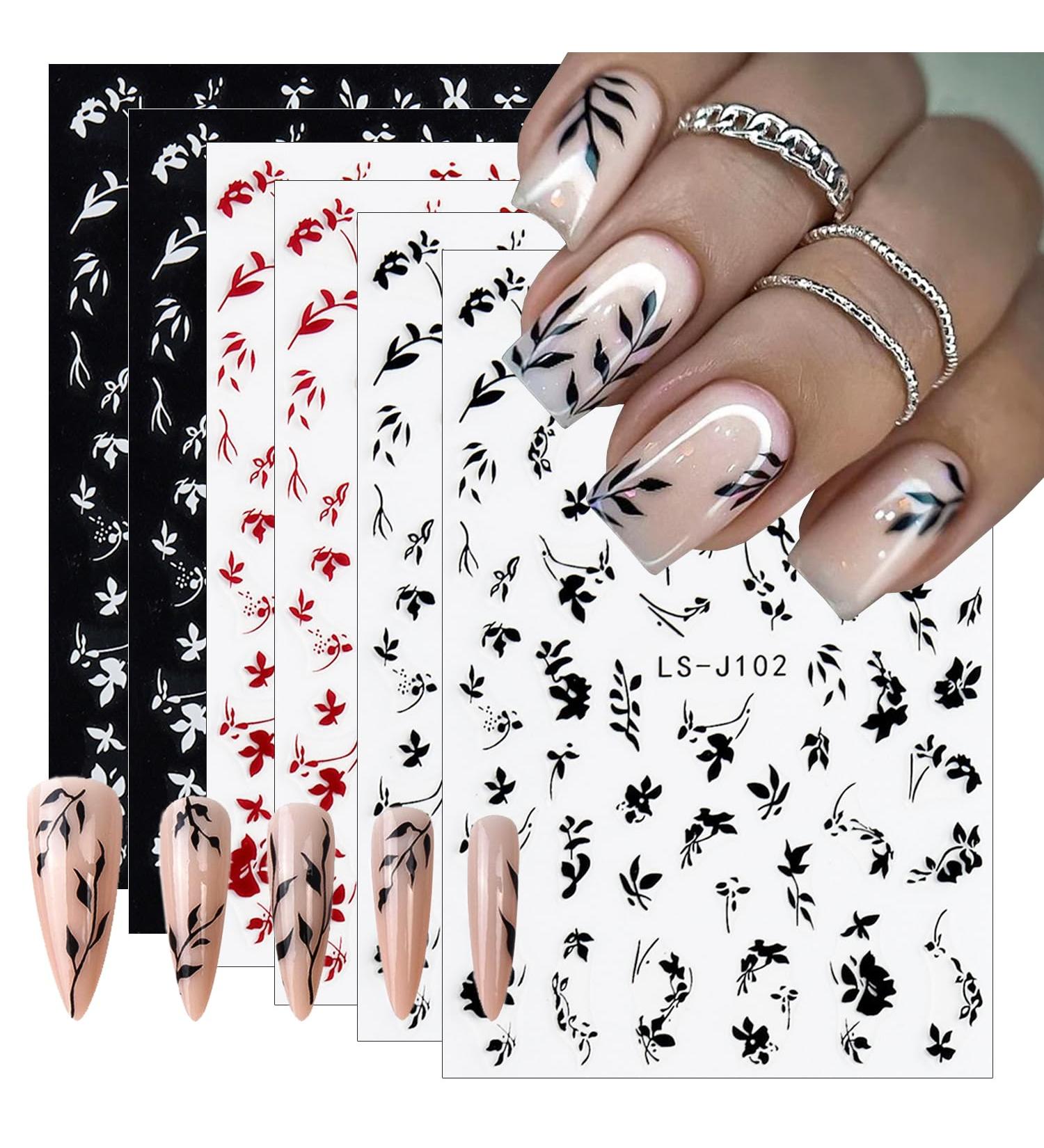 6 Sheets 3D Flower Nail Art Stickers - Self-Adhesive Leaf & Floral Designs for DIY Manicure - Red White Black Nail Decals for Women - Buy Online on GoSupps.com