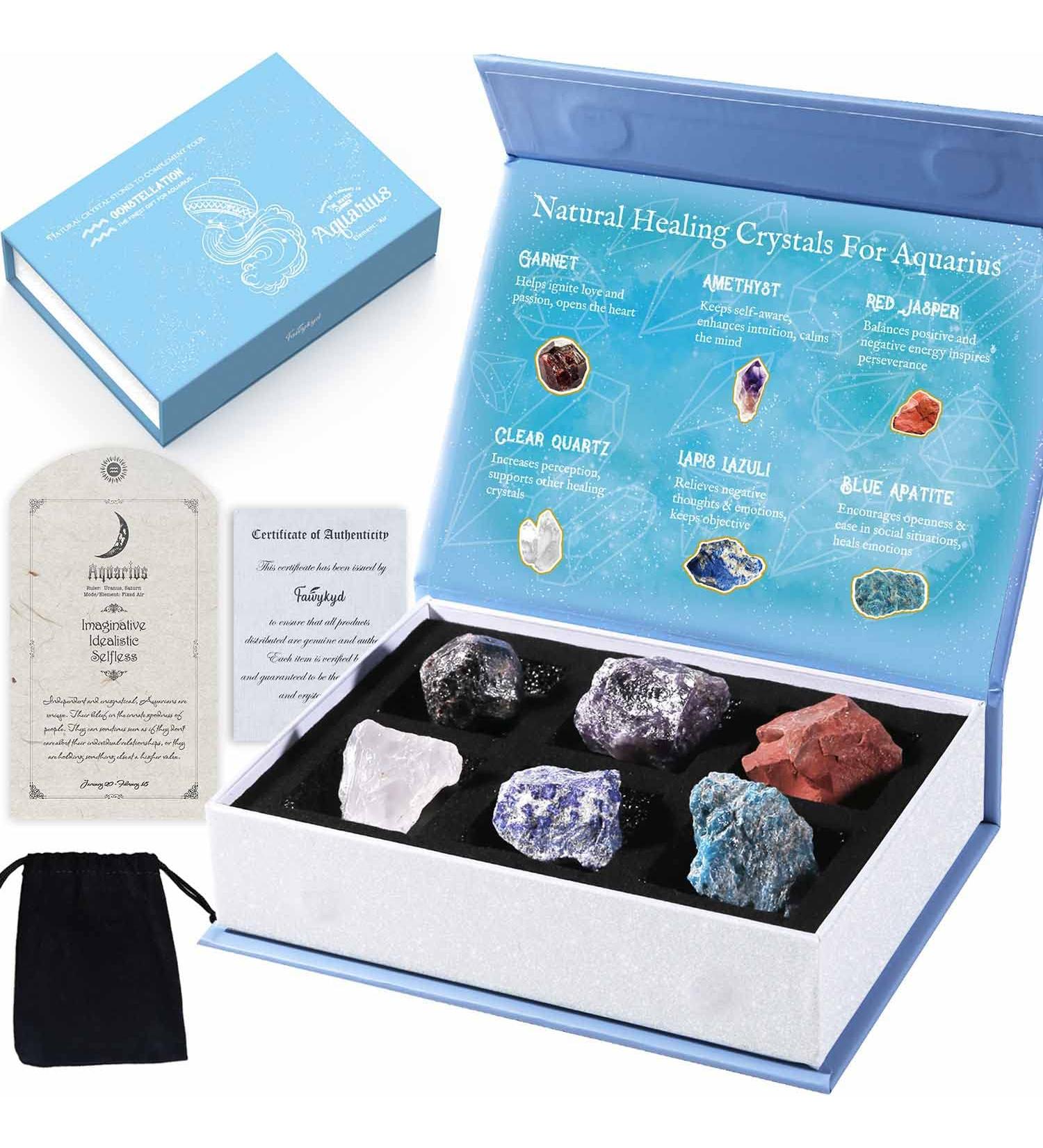 Faivykyd Aquarius Crystals Set - Zodiac Birthstone Healing Crystal Gift with Horoscope Box - Buy Online on GoSupps.com