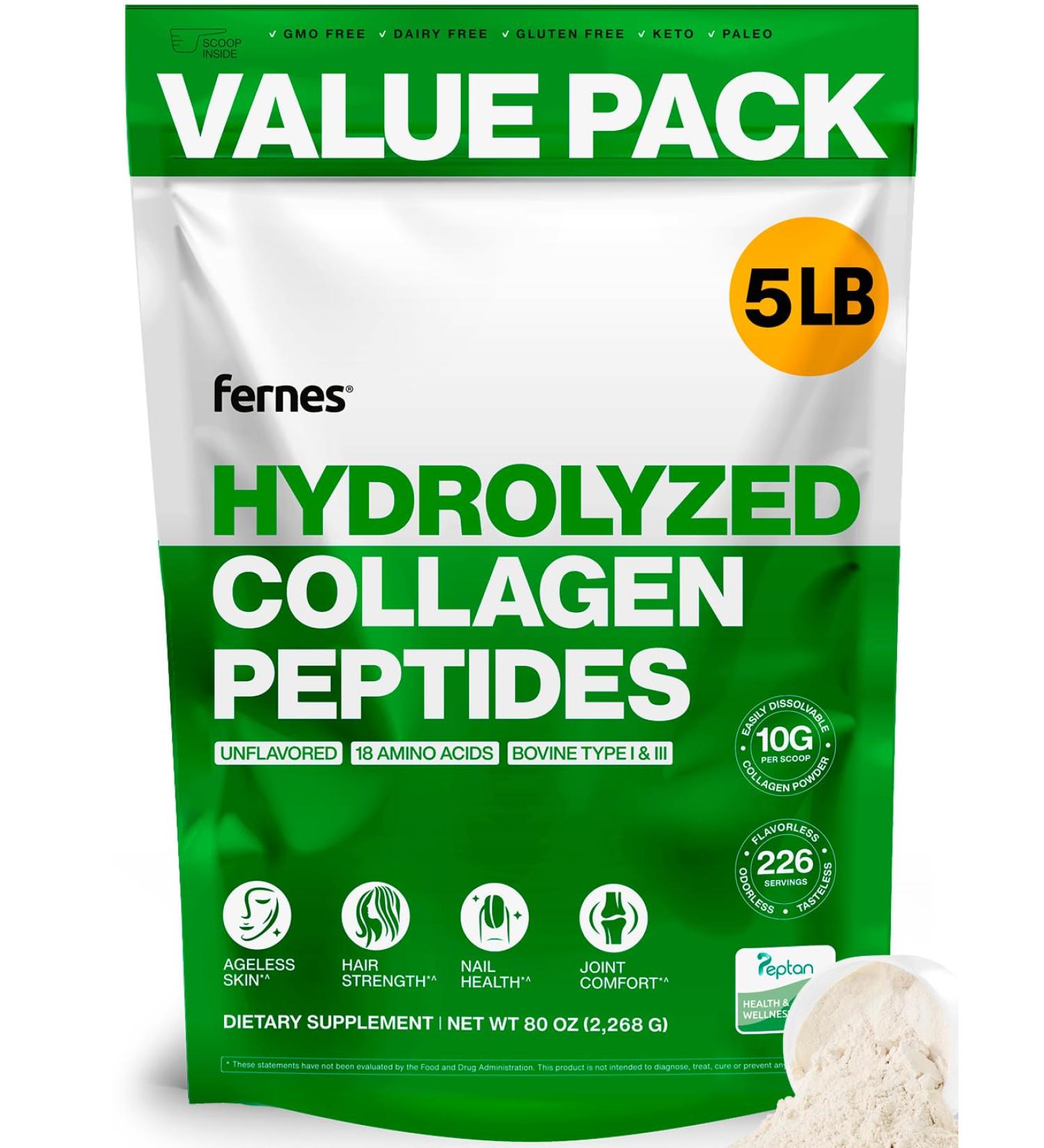 Fernes Collagen Powder for Women Men (5LB) Type I & III Flavorless & Odorless Easy-Mix Hydrolyzed Peptan Protein Peptides Joint Hair Skin & Nail Support Gluten-Free Non-GMO Keto Paleo Grass-Fed Kosher - Buy Online on GoSupps.com