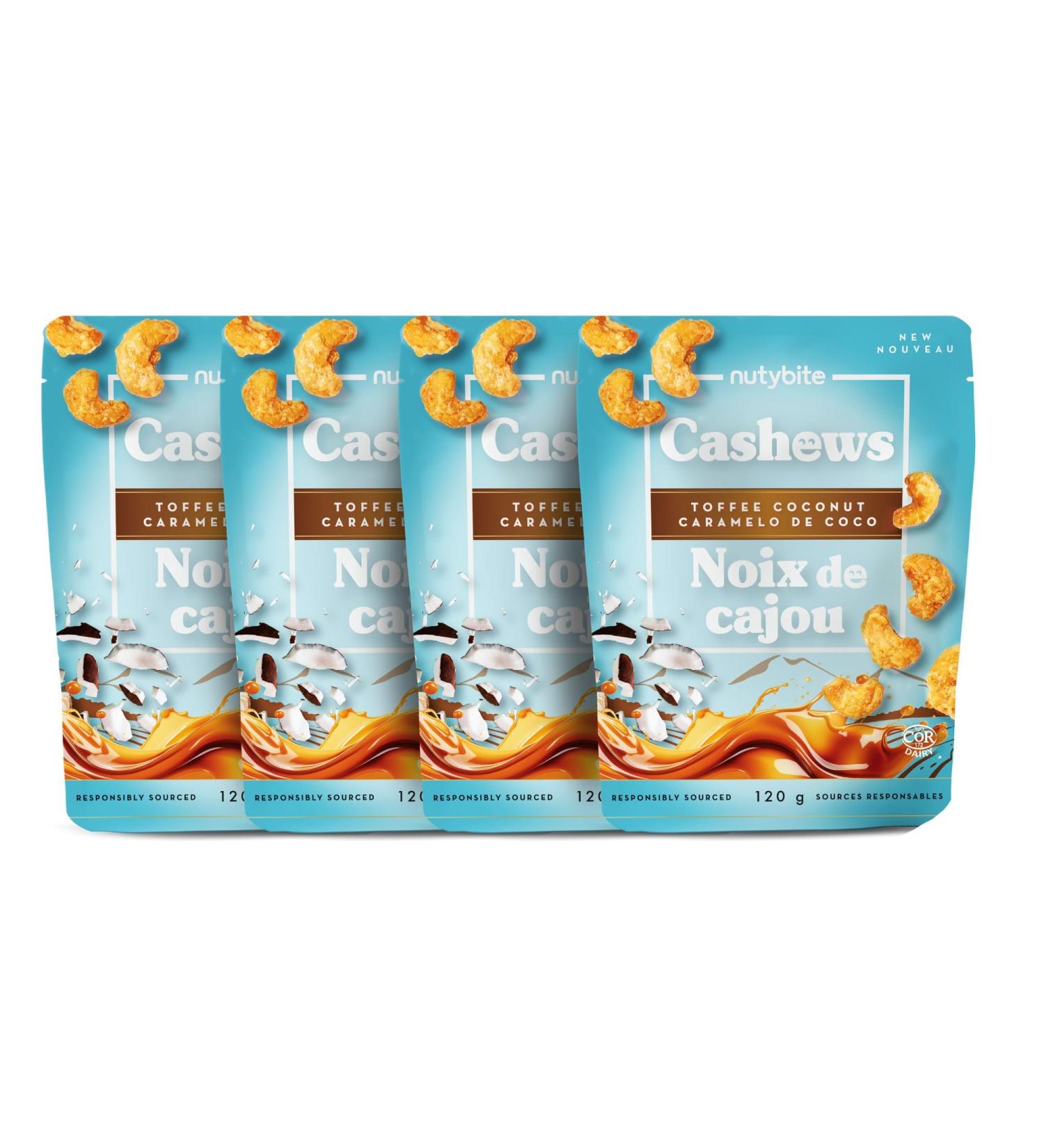 Nutybite Cashews Toffee Coconut Gluten-Free Non GMO Kosher Non Artificial Flavours No Preservatives (4 x 120g) - Buy Online on GoSupps.com