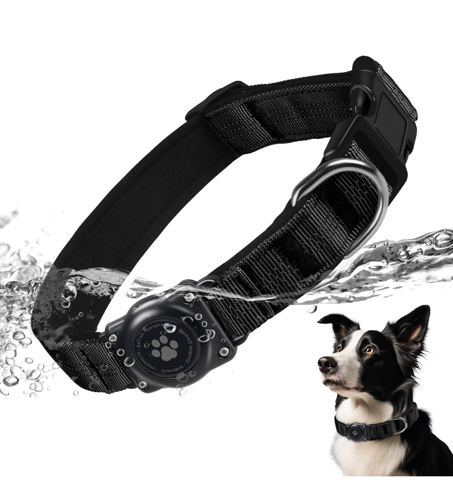 Premium IP68 Waterproof Airtag Dog Collar - Reflective & Durable for Medium-Sized Dogs | Apple Airtag Holder | Black - Buy Online on GoSupps.com