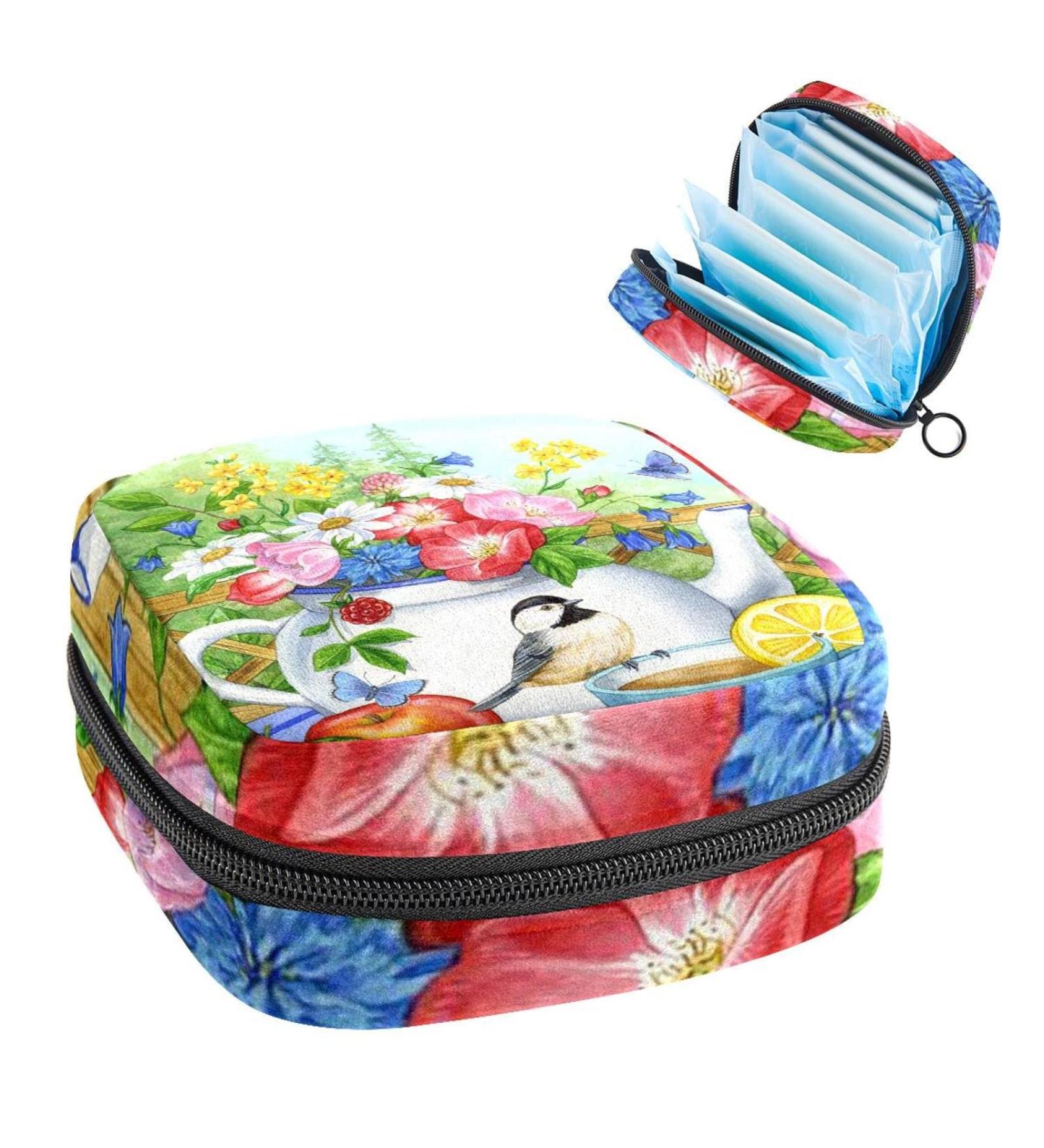 Period Bag Sanitary Napkin Storage Pouch | Travel Makeup Bag with Welcome Butterfly Flowers Birds Design - Buy Online on GoSupps.com
