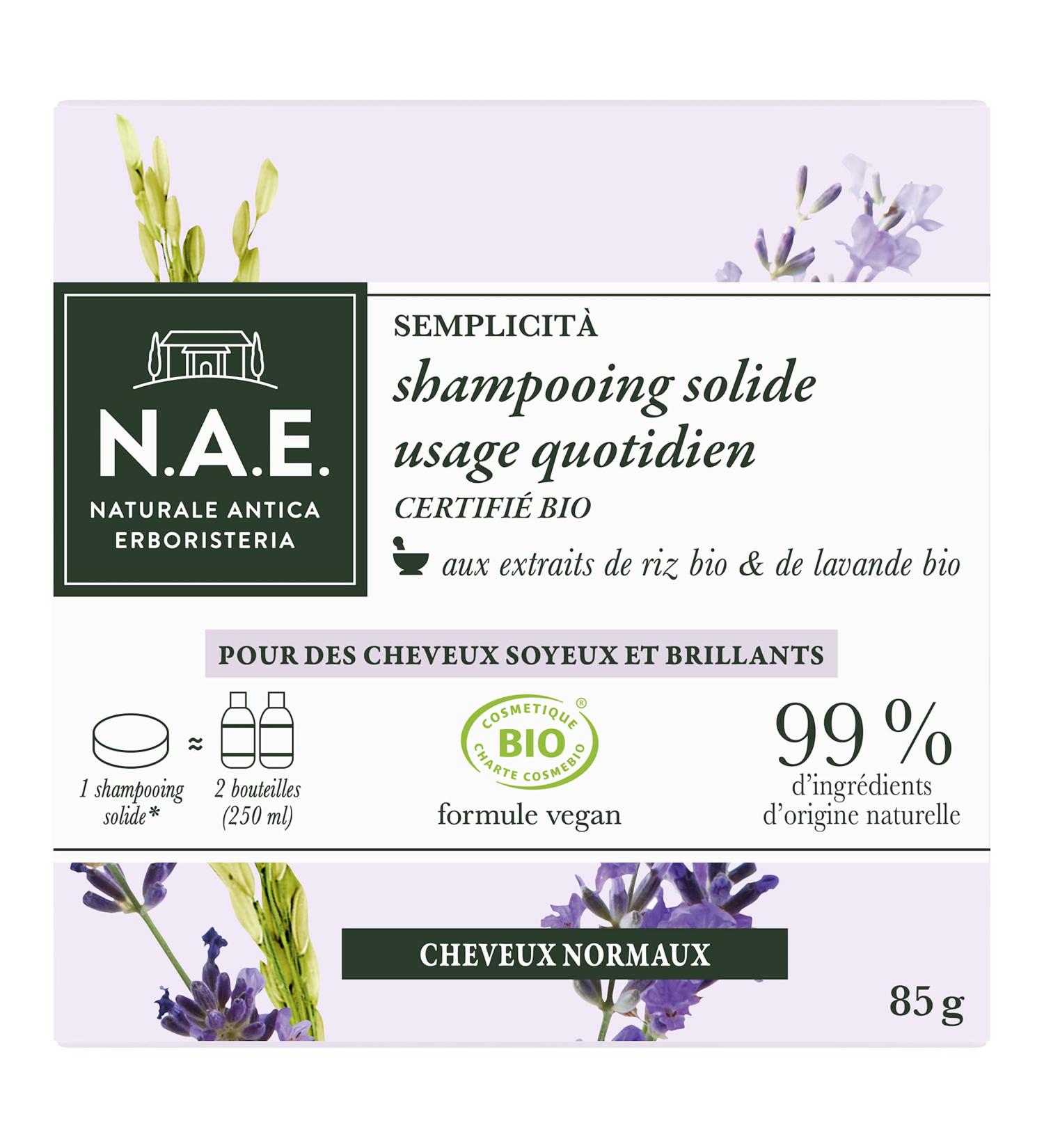 N.A.E. Certified Organic Solid Shampoo Daily Use Normal Hair Organic Rice and Organic Lavender Extracts Vegan Formula 99 Percent Natural Ingredients 85g Soap - Buy Online on GoSupps.com