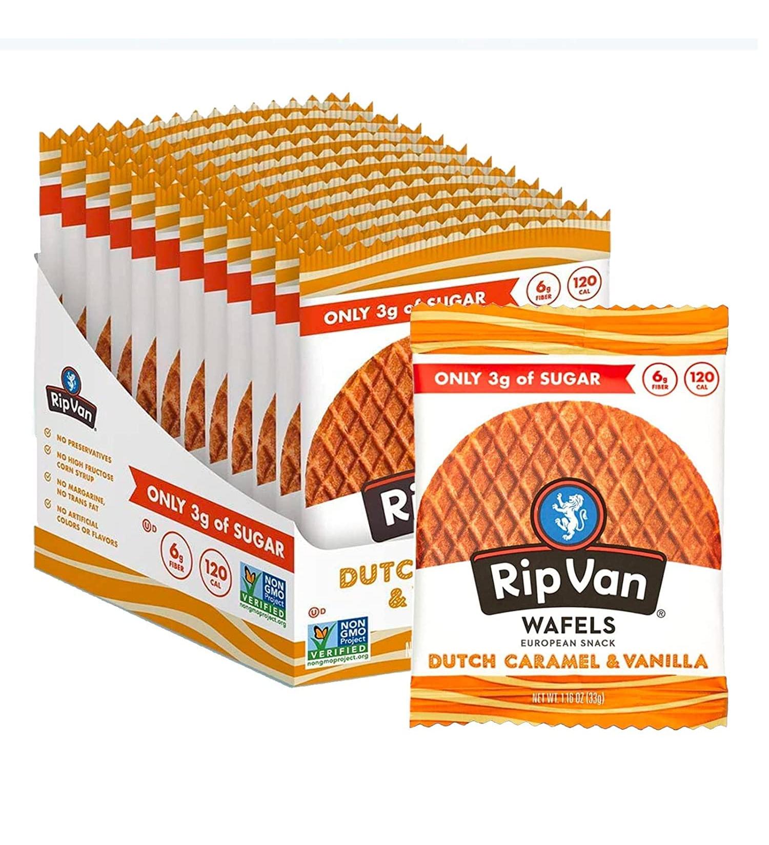 Rip Van WAFELS Caramel & Vanilla Stroopwafels - Keto, Low Sugar, Non-GMO Snacks - 12 Count - Buy Online on GoSupps.com