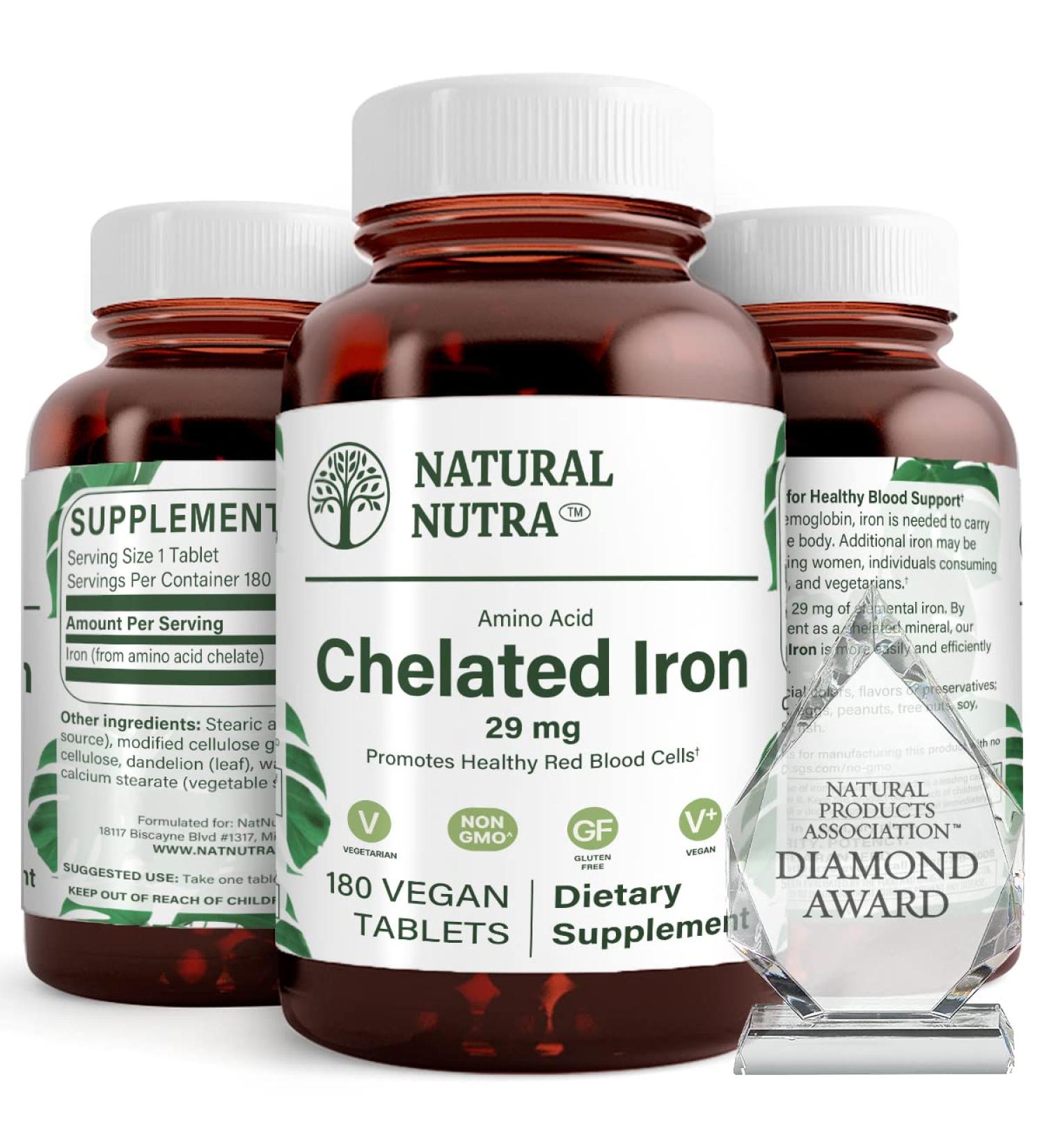 Natural Nutra Chelated Iron Supplement for Men and Women - 180 Tablets, Promotes Healthy Red Blood Cells, Nails, Hair Growth, and Skin Health - Buy Online on GoSupps.com