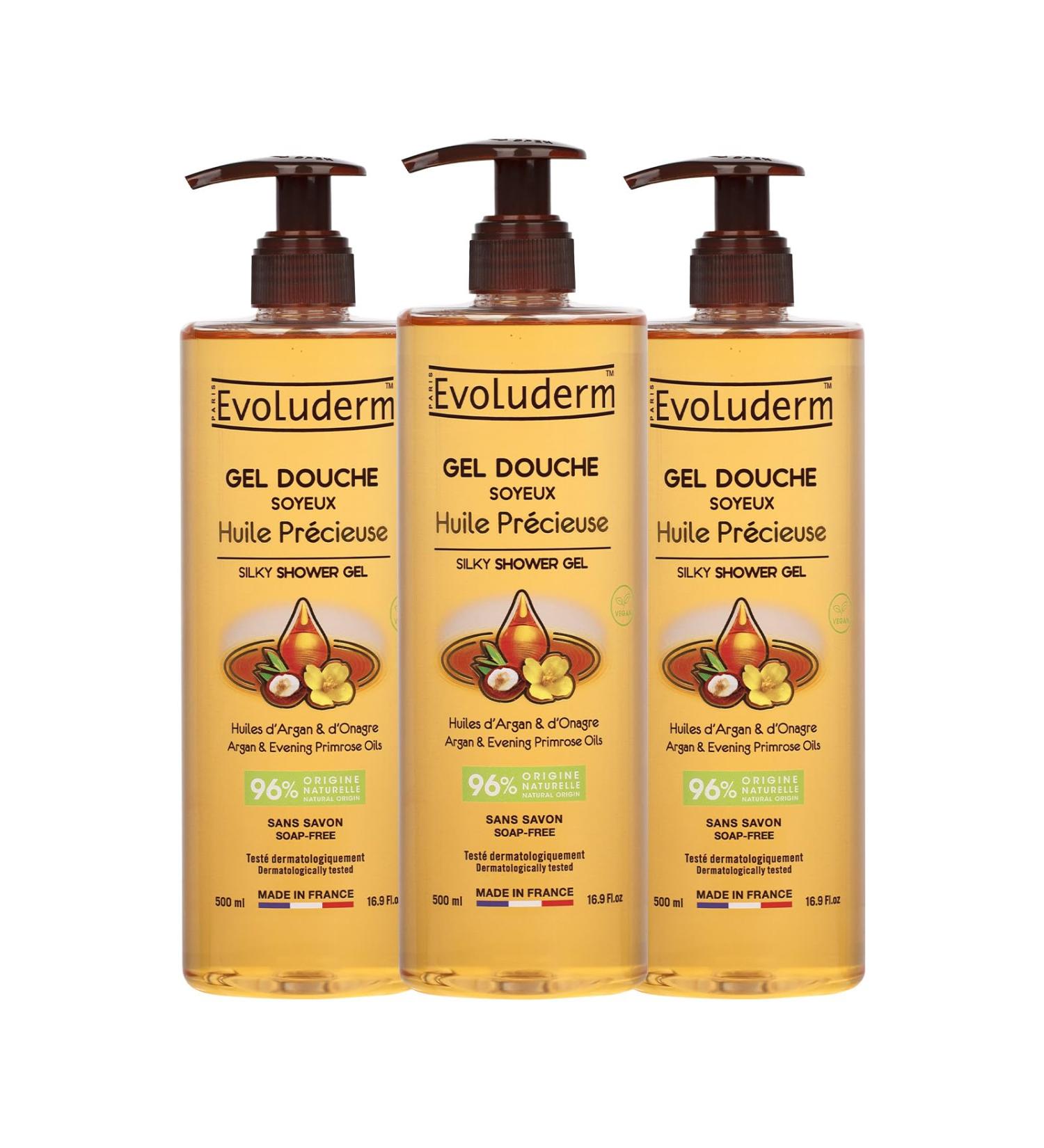  Evoluderm EVOLUDERM Silky Shower Gel with Precious Oil - 500 ml - 96% Natural Origin - Vegan - Made in France - Pack of 3 x 500 ml - Buy Online on GoSupps.com