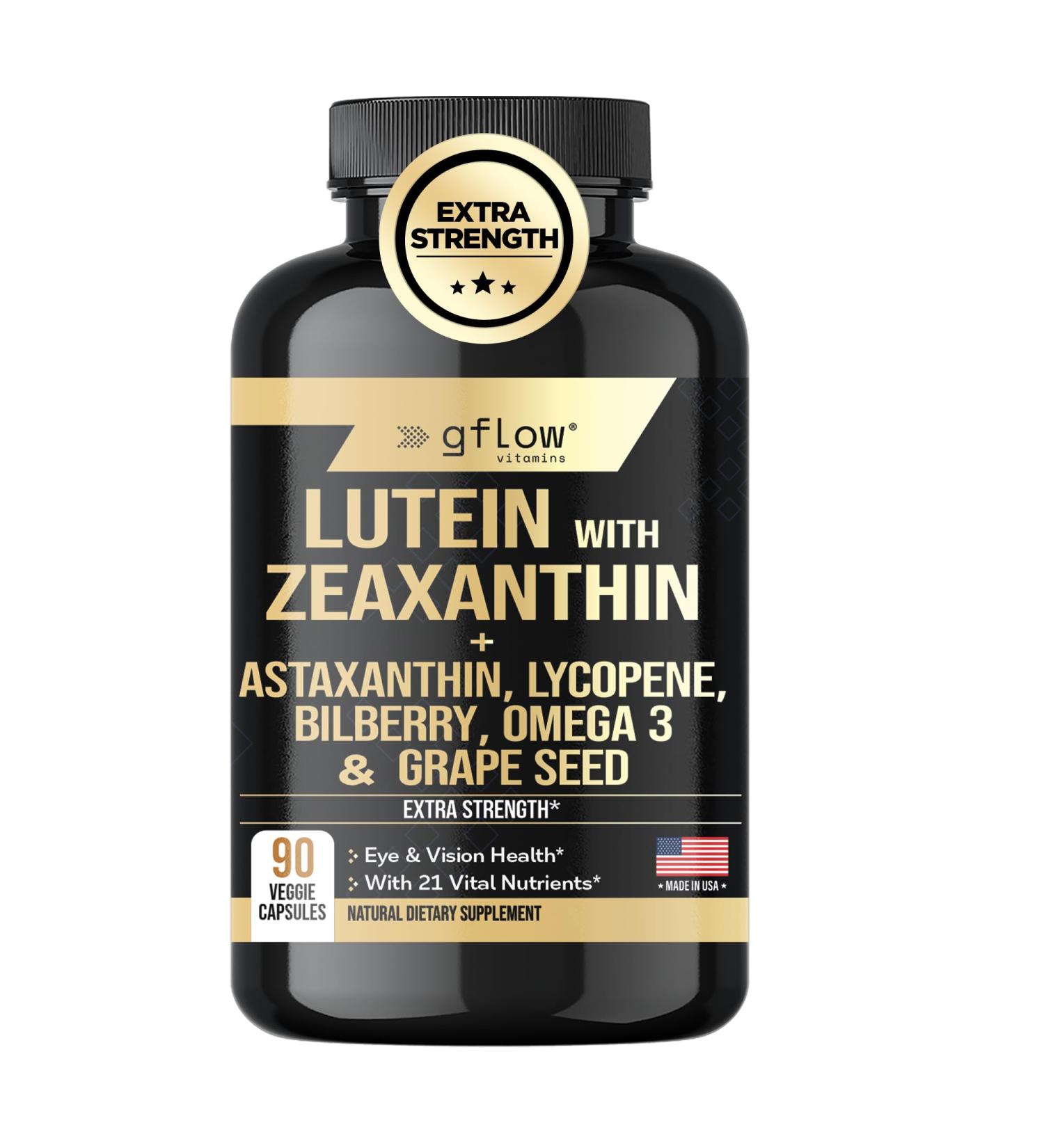 gflow vitamins Lutein and Zeaxanthin Supplements - Advanced Eye Vitamins with Astaxanthin Omega 3 Resveratrol Bilberry Lycopene Quercetin Ginkgo Biloba Vitamin D | Health Vision | Made in USA - Buy Online on GoSupps.com