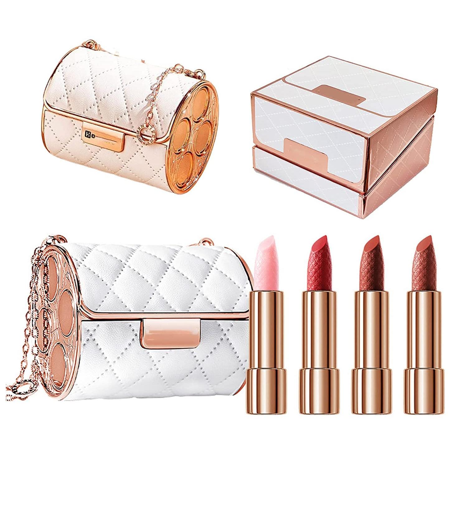 Velvet Matte Lipstick Set with Glamorous Chain Pouch 4 Colors Lipstick and Elegant Leather Bag (White) - Buy Online on GoSupps.com