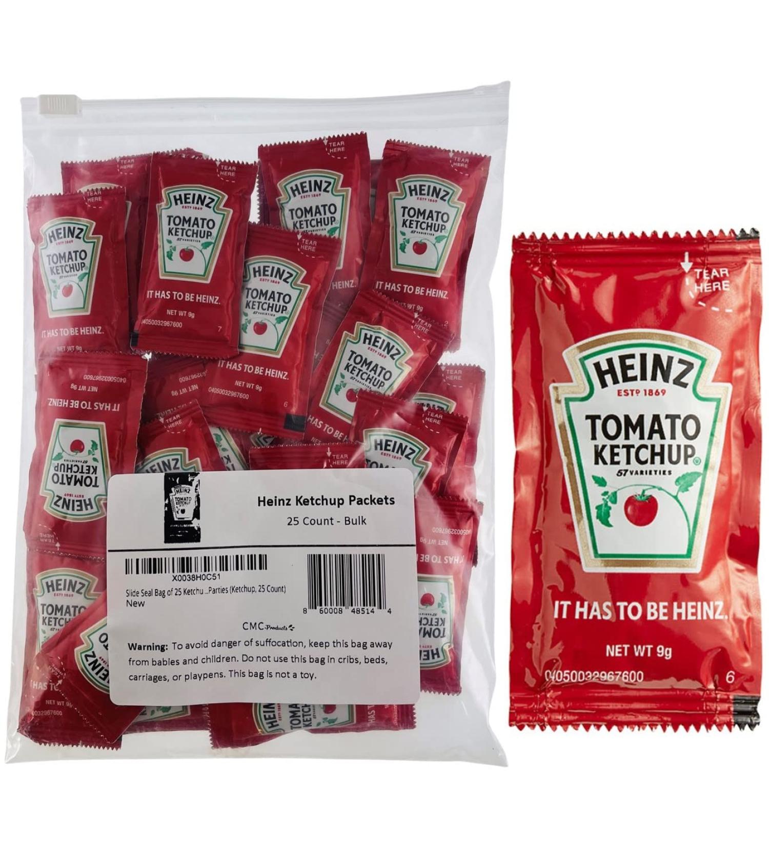 Heinz 9g Ketchup Condiment Packs - 25 Count Slide Seal Bag for Boxed Lunches, BBQs, Picnics & Parties - Buy Online on GoSupps.com
