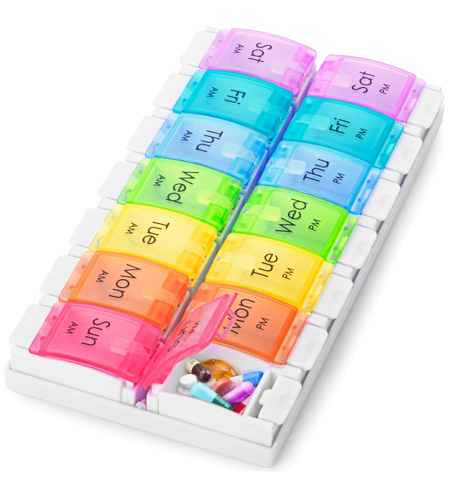 BoxSik 7-Day Pill Organizer - Rainbow 14 Compartments Medication Doser with Removable Sections for Morning & Evening Use - Buy Online on GoSupps.com