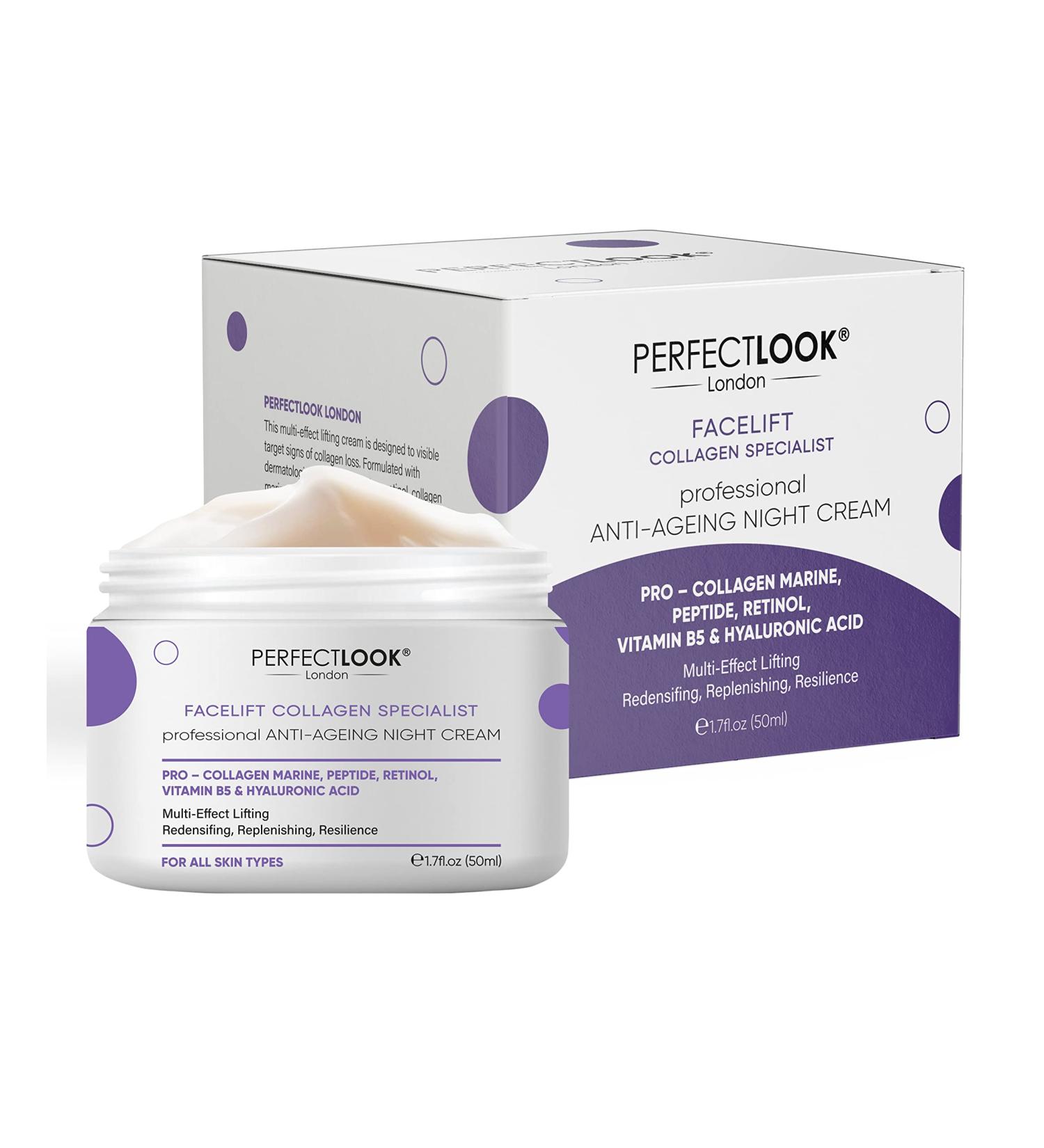Perfect Look London Collagen Specialist Night Face Cream - Firming & Hydrating Anti-Wrinkle Formula with Marine Peptide, Retinol, Hyaluronic Acid & Vitamin B5 - 50ml - Buy Online on GoSupps.com