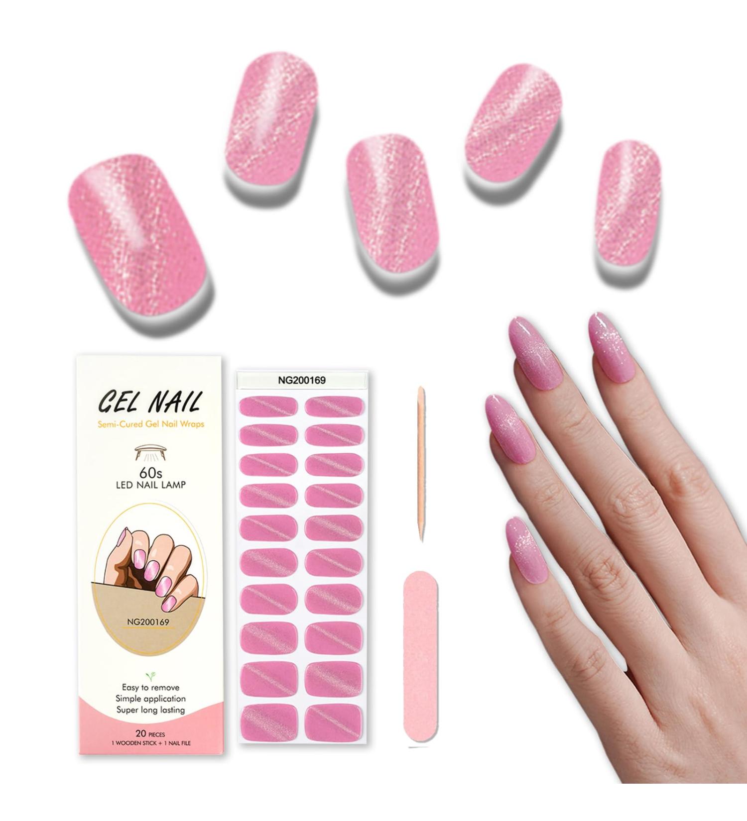 Foyute Semi Cured Gel Nail Strips 20 Pcs Soft Self-Adhesive Gel Nail Polish Wraps Sticker for Salon-Quality Manicure Set Long Lasting Easy to Apply & Remove Nail File & Wooden Stick (Cate eye pink) - Buy Online on GoSupps.com