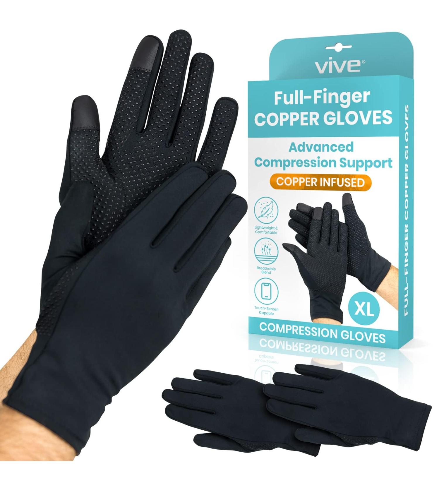 Vive Copper Arthritis Gloves - Full Hand Compression Touchscreen for Carpal Tunnel & Joint Pain Relief - Flexible Wrist & Thumb Support - Black X-Large for Men & Women - Buy Online on GoSupps.com