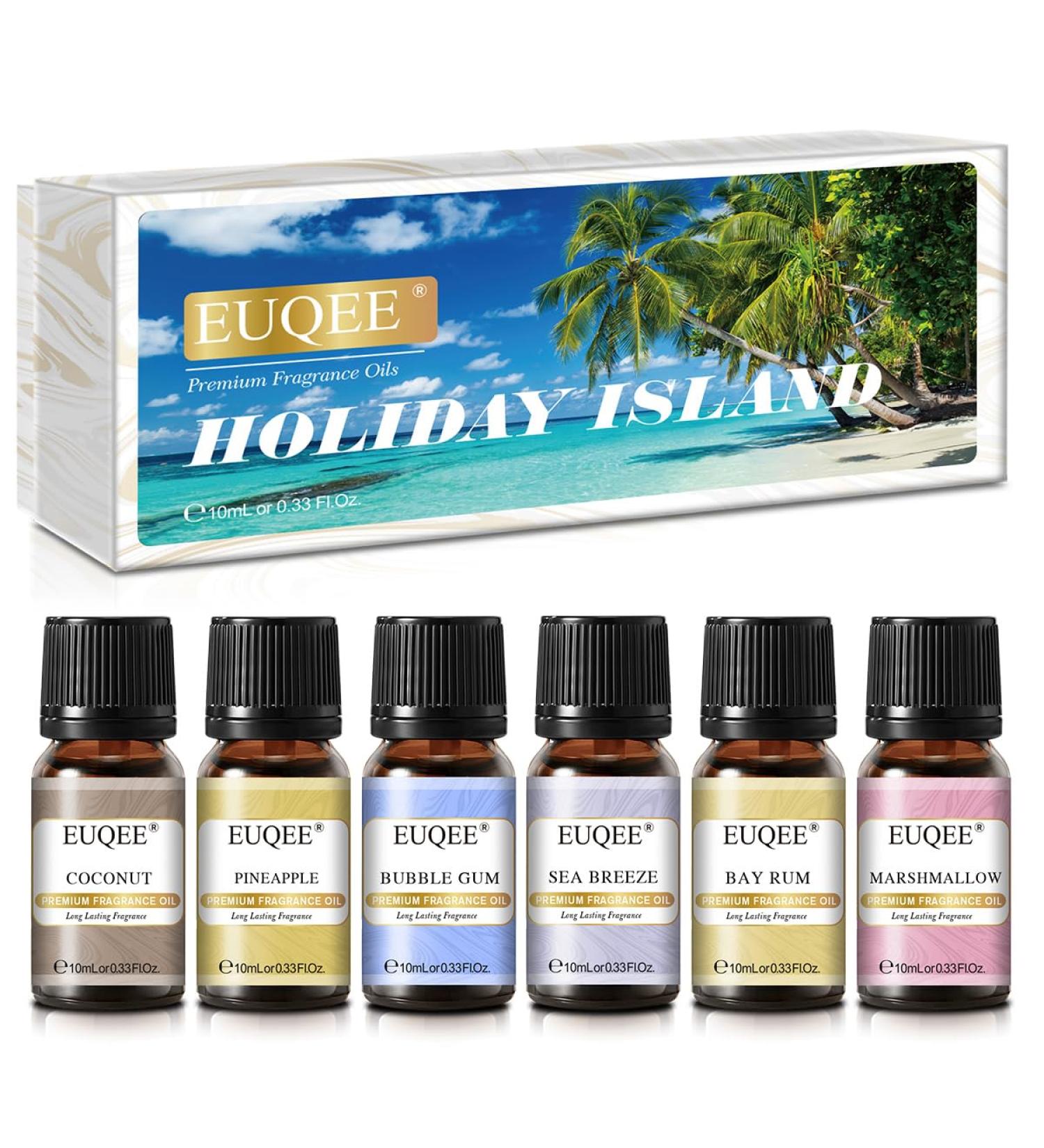 EUQEE Holiday Island Fragrance Oils Gift Set - Essential Oils for Diffusers - Aromatherapy Oil Blend of Pineapple Coconut, Sea Breeze, Bubble Gum, Bay Rum, Marshmallow - 6 Pack 10 ml - Buy Online on GoSupps.com