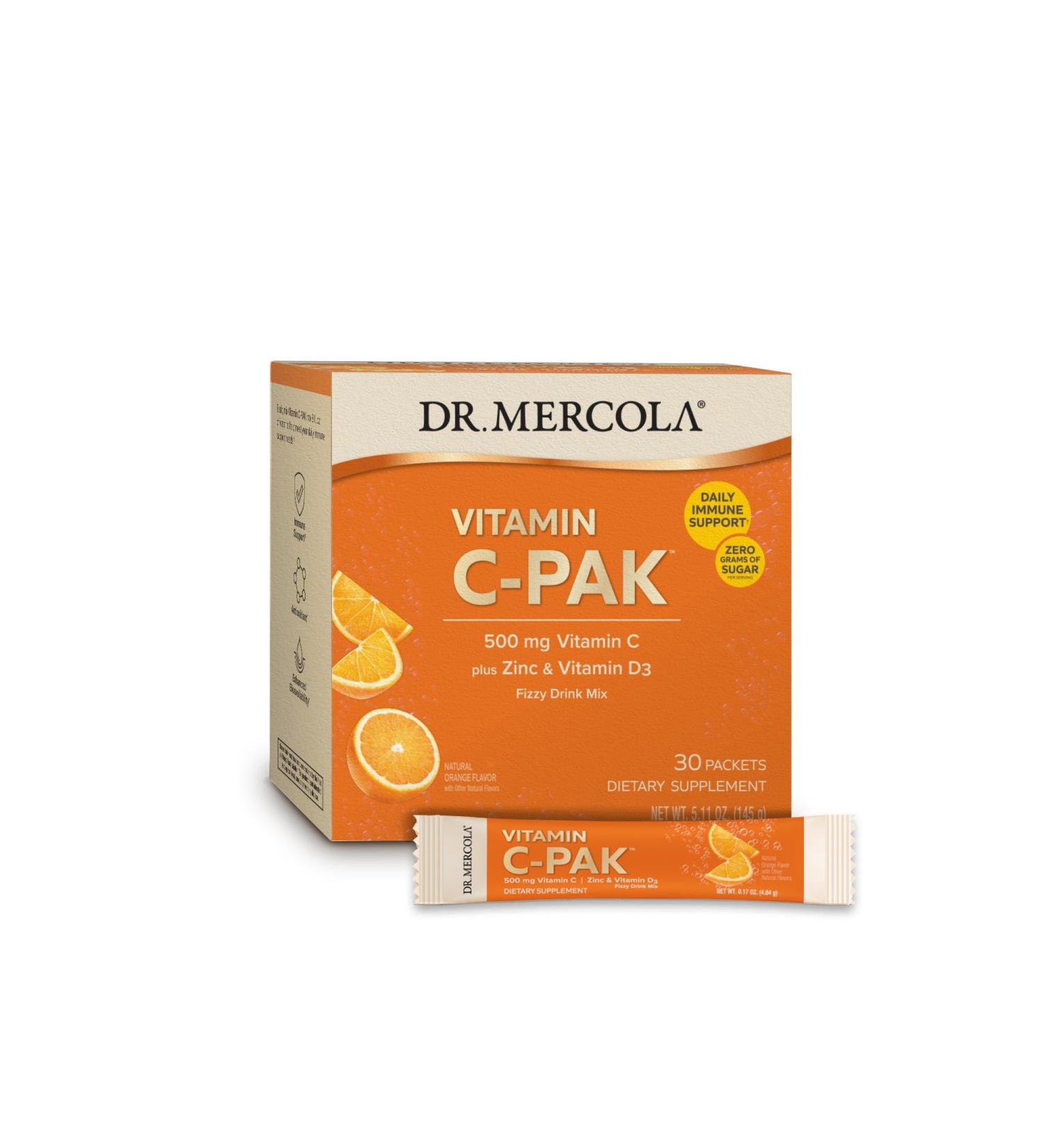 Dr. Mercola Vitamin C-PAK - Daily Immune Support - Contains Vitamin C, Vitamin D3, and Zinc - Fast-Acting Antioxidant Powder - Fizzy Drink Mix - 30 Packets