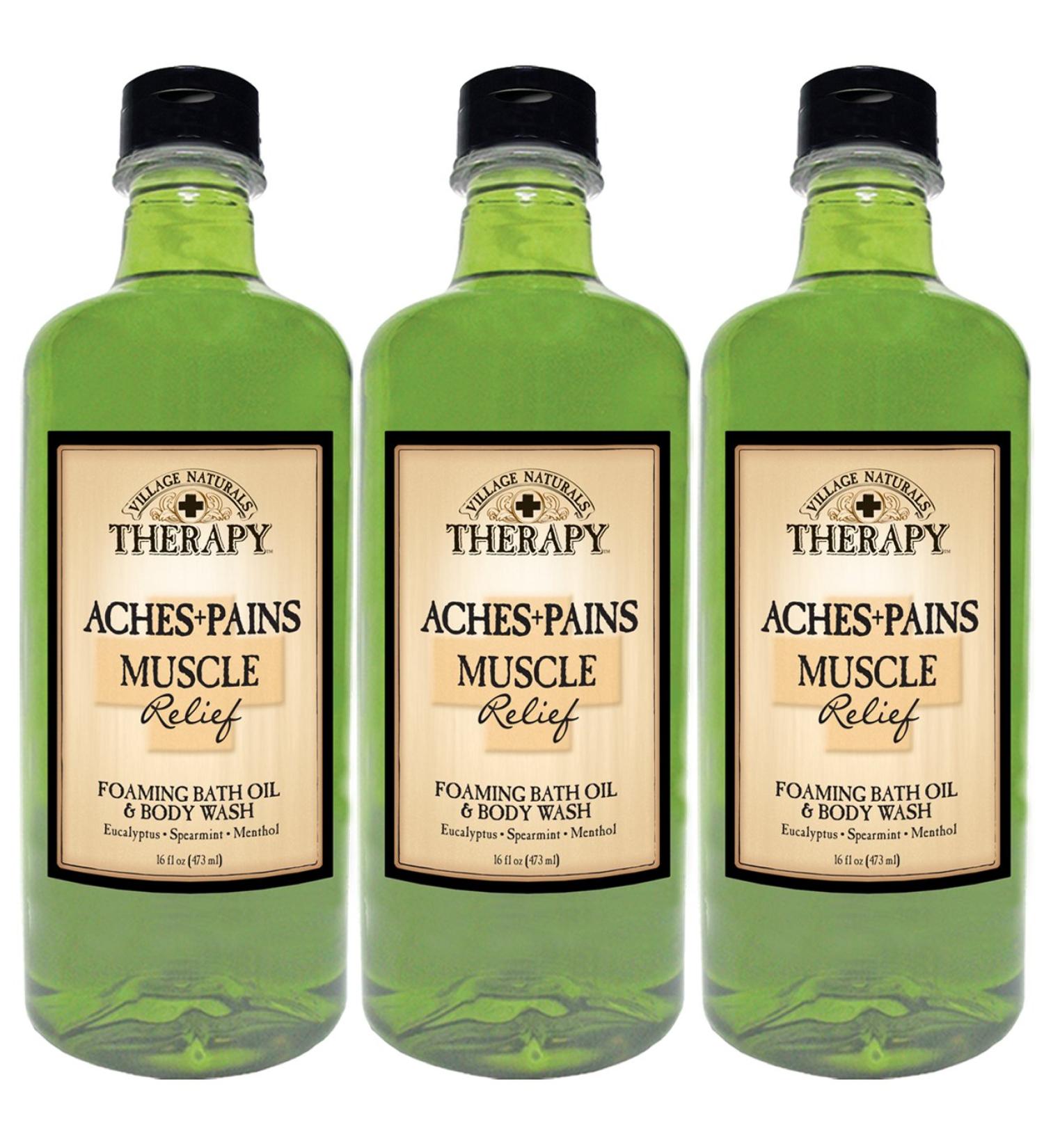 Village Naturals Therapy Aches and Pains Muscle Relief Foaming Bath Oil and Body Wash 16oz (3-pack)