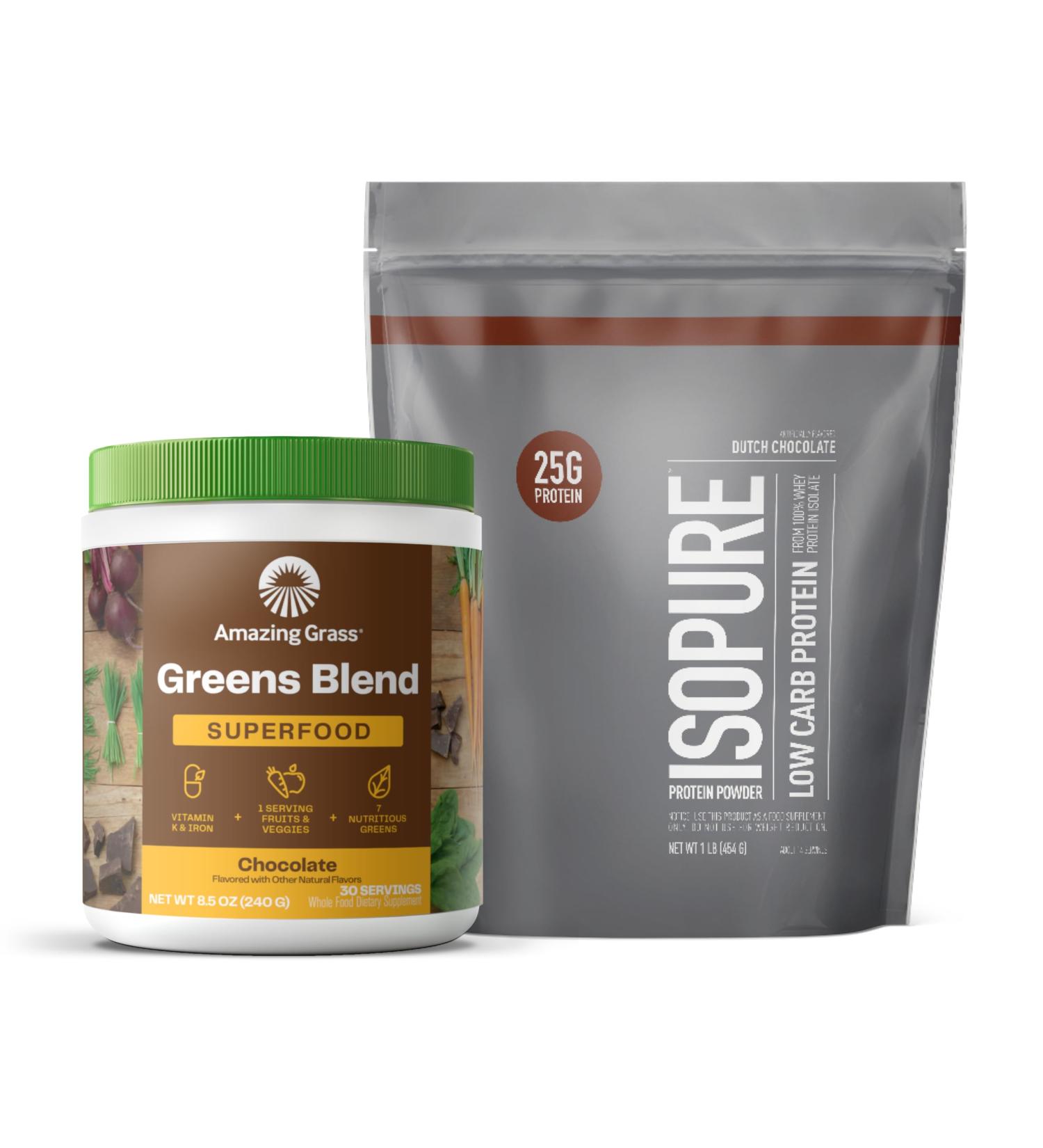 Build Your Smoothie Isopure Chocolate Bundle Dutch Chocolate Low Carb Protein Powder (14 Servings) and Amazing Grass Greens Chocolate Blend Superfood (30 Servings) Protein Powder + Chocolate Blend Superfood - Buy Online on GoSupps.com