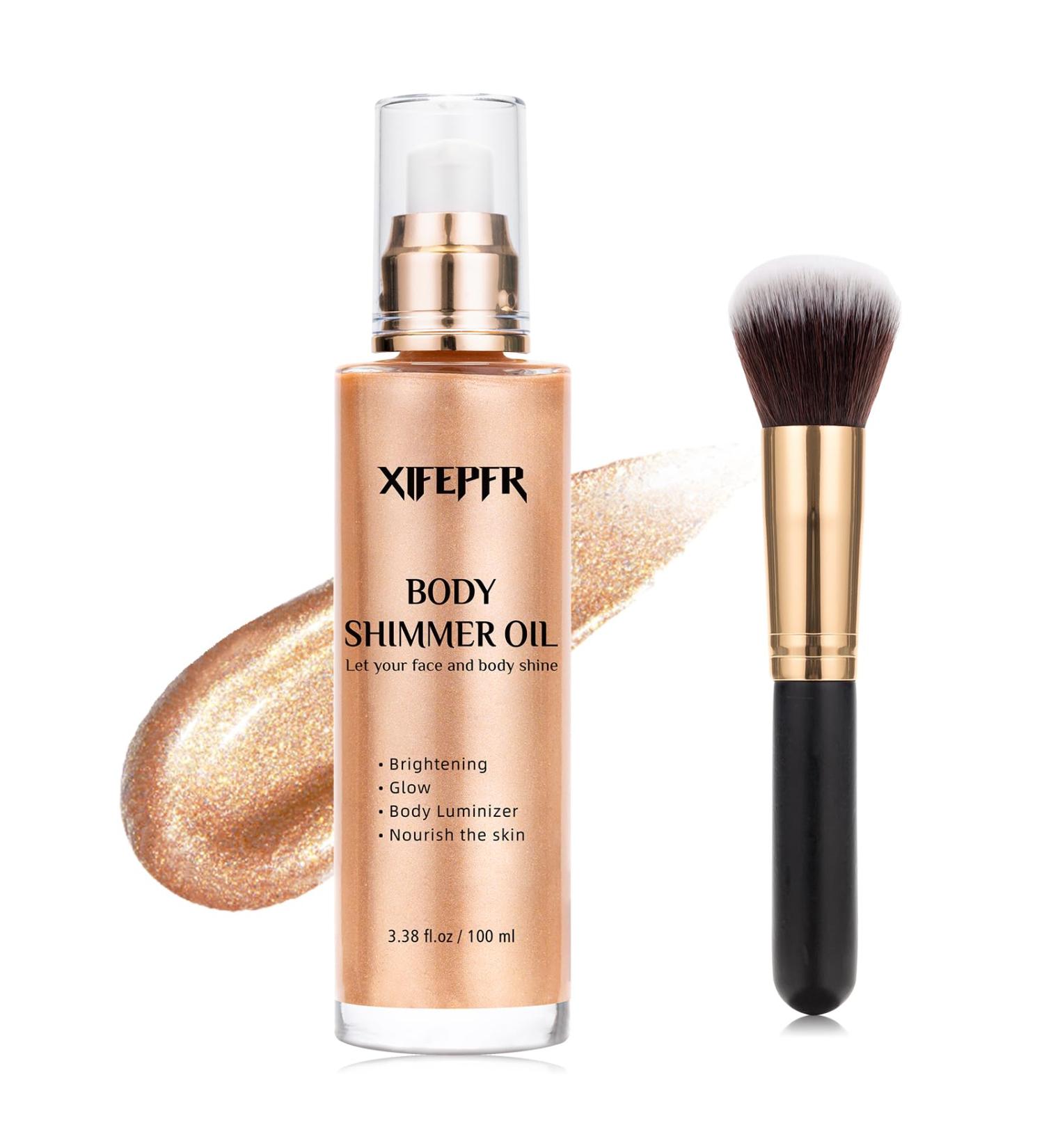 Rose Gold Body Shimmer Oil - Long Lasting Illuminator & Highlighter with Brush | Moisturizing Glitter Oil 3.38 Fl Oz - Buy Online on GoSupps.com