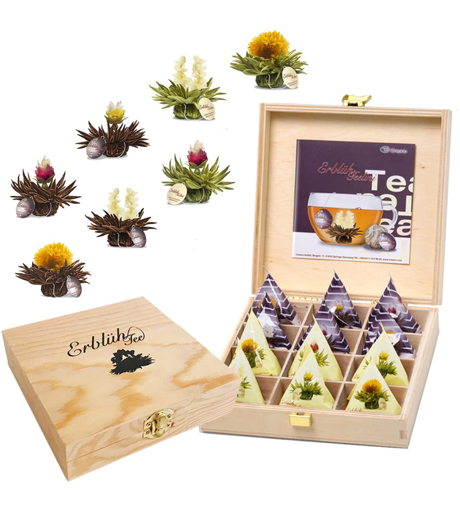 Creano Blooming Tea Gift Set in Wooden Box - 12 Flowering Tea Cups - Black & White Tea - Buy Online on GoSupps.com