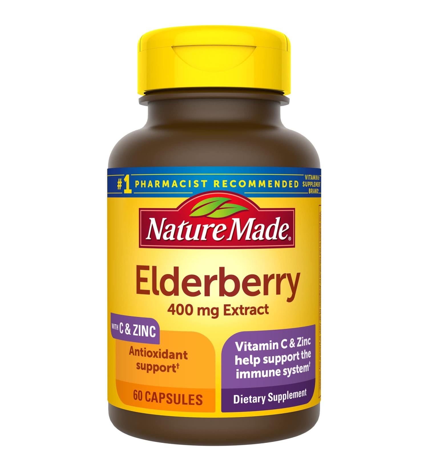 Nature Made Elderberry 400 mg Extract with Vitamin C and Zinc - Immune Support Supplement - 60 Capsules - Buy Online on GoSupps.com