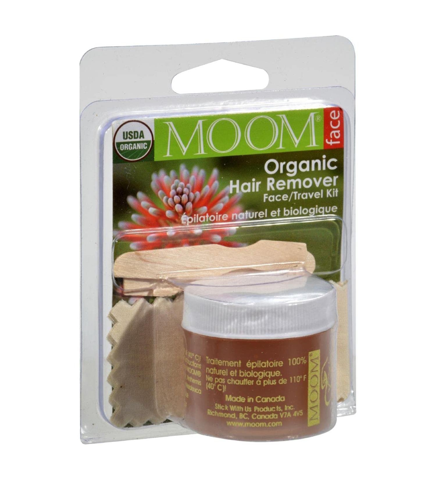 Moom Organic Travel Wax Kit (1.6 oz.) All-Natural Sugar Waxing Glaze with Aloe, Tea Tree Oil & Chamomile for Face with 6 Facial Fabric Strips & 2 Small Wooden Applicator Sticks