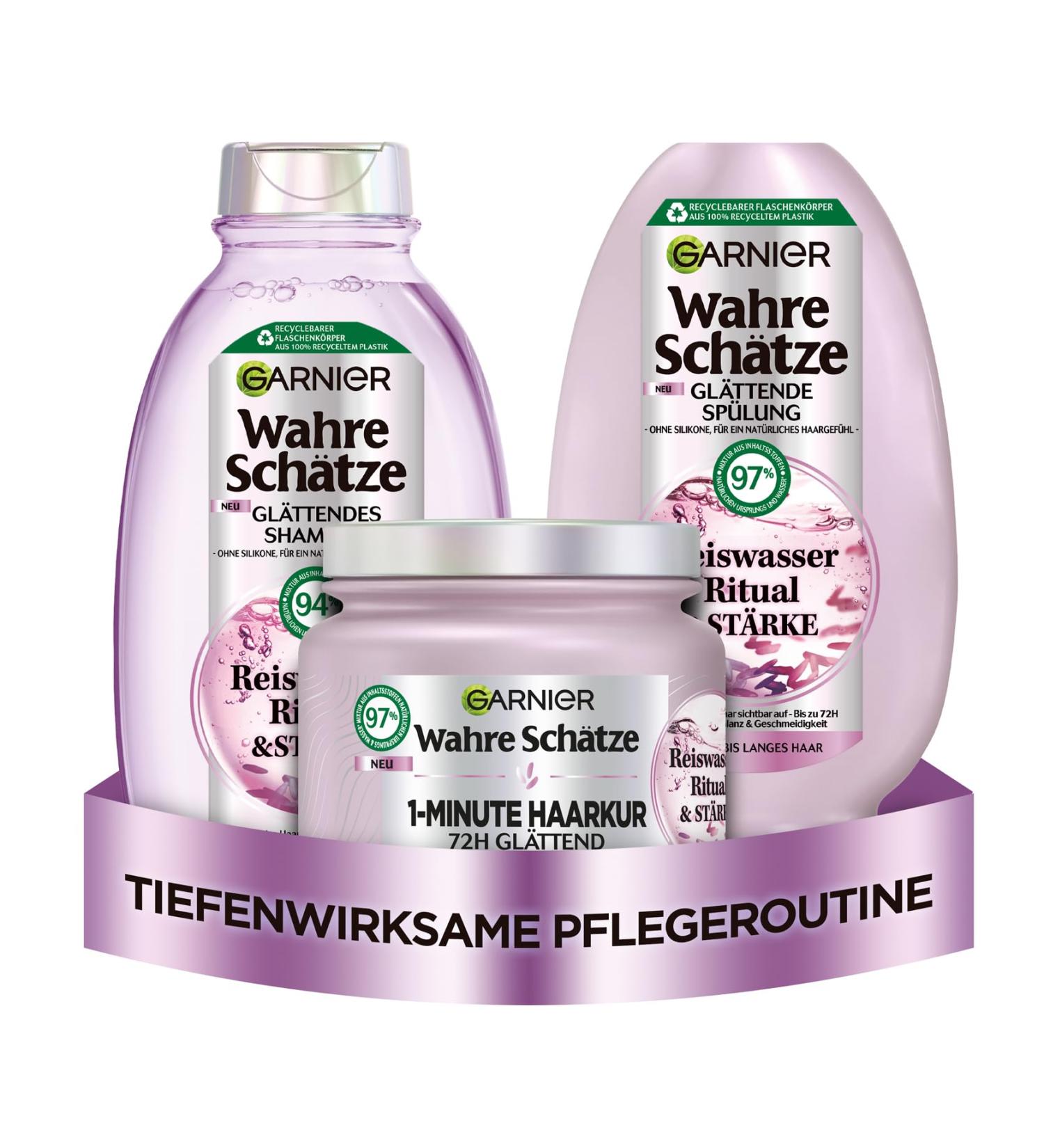 Garnier True Treasures Smoothing Hair Care Set with Rice Water | Shine & Suppleness for Medium-Length Hair | Shampoo Rinse & Treatment - 3-Part Set - Buy Online on GoSupps.com