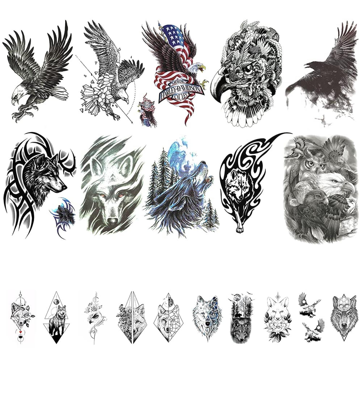 Realistic Eagle Wolf Temporary Tattoos - 20 Sheets | 3D Fake Wolves & Owl Animals Stickers for Men and Women - Buy Online on GoSupps.com