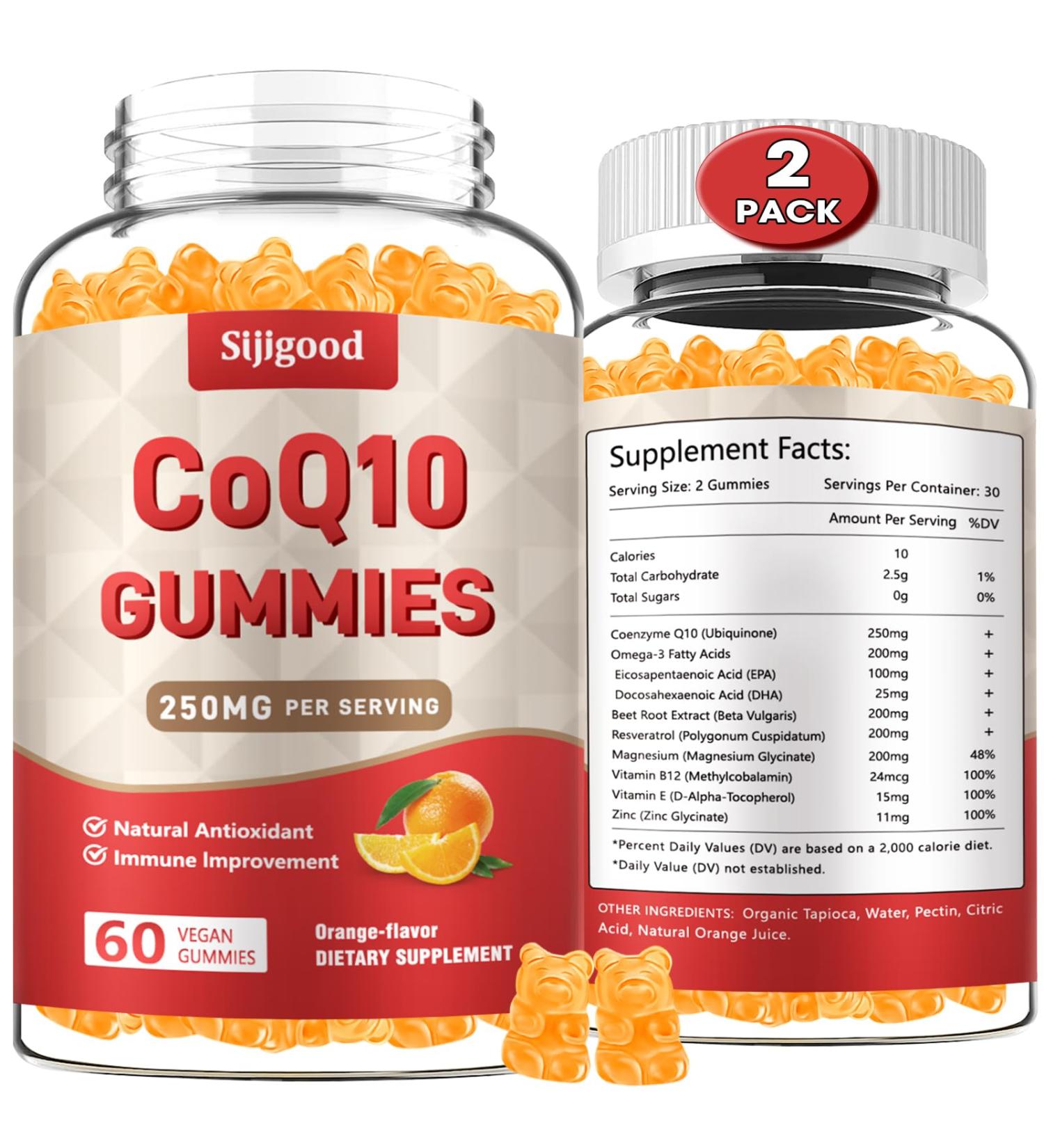 2 Pack CoQ10 Gummies 250mg with Omega-3 Vitamin B3 Zinc & Magnesium | High Absorption Antioxidant Supplement - 120 Orange Flavored Gummies - Buy Online on GoSupps.com