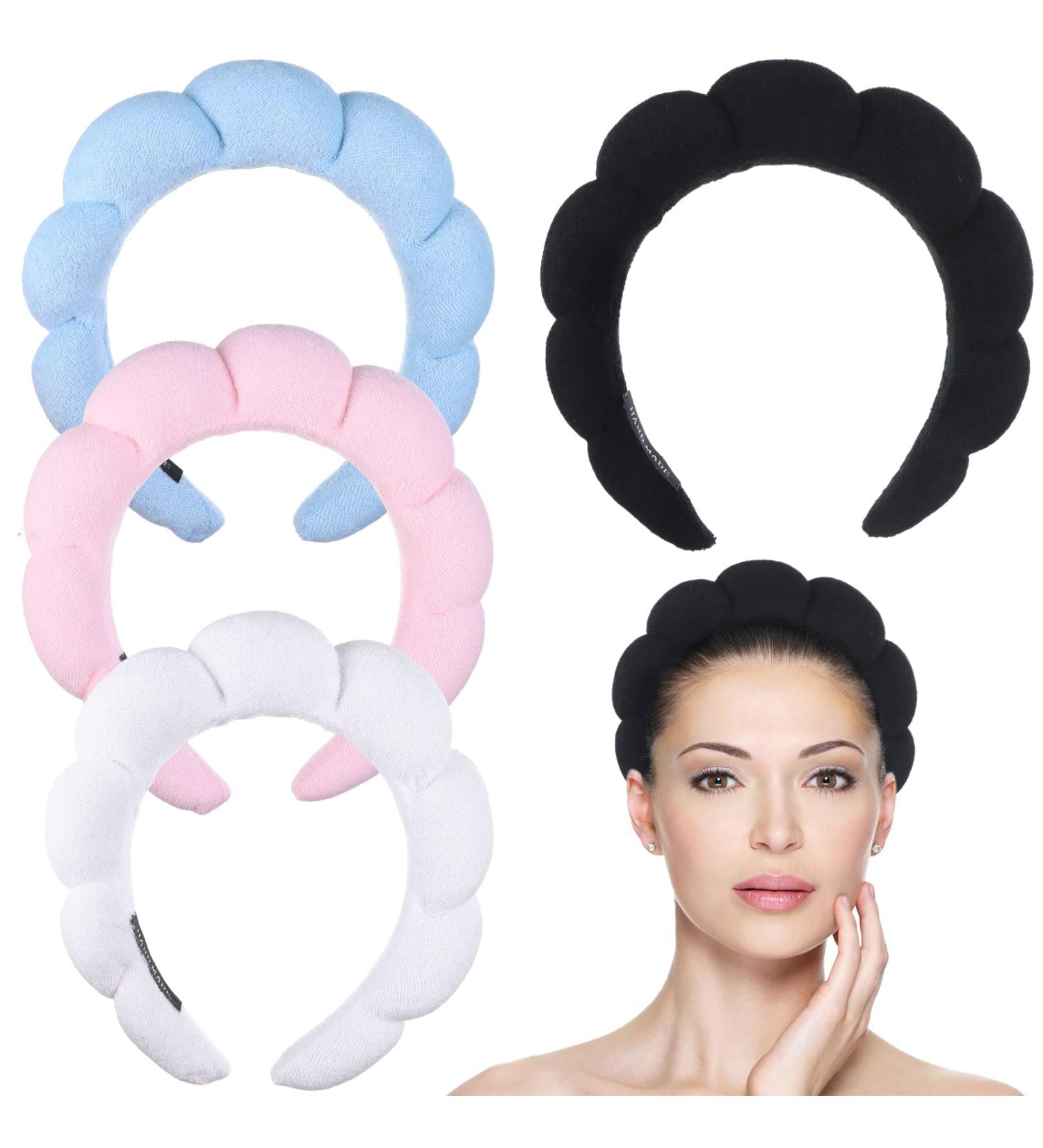 Women's Spa Headbands 4 Pack - Sponge Terry Towel Fabric Hairband Set for Skincare, Makeup, and Shower - Pink Blue White Black - Buy Online on GoSupps.com