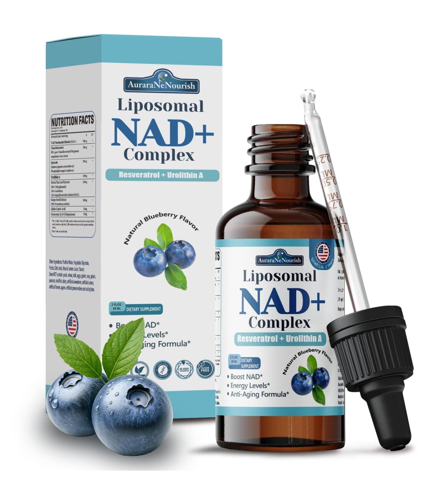 Liposomal NAD+ Liquid Drops, 8-in-1 NAD Nicotinamide Riboside Resveratrol 900mg w. Quercetin & Urolithin A | Fast Absorption NAD+ Supplement with CoQ10, ALA | Cellular Energy, Anti-Aging, Vitality Blueberry 2 Fl Oz (Pack o  - Buy Online on GoSupps.com