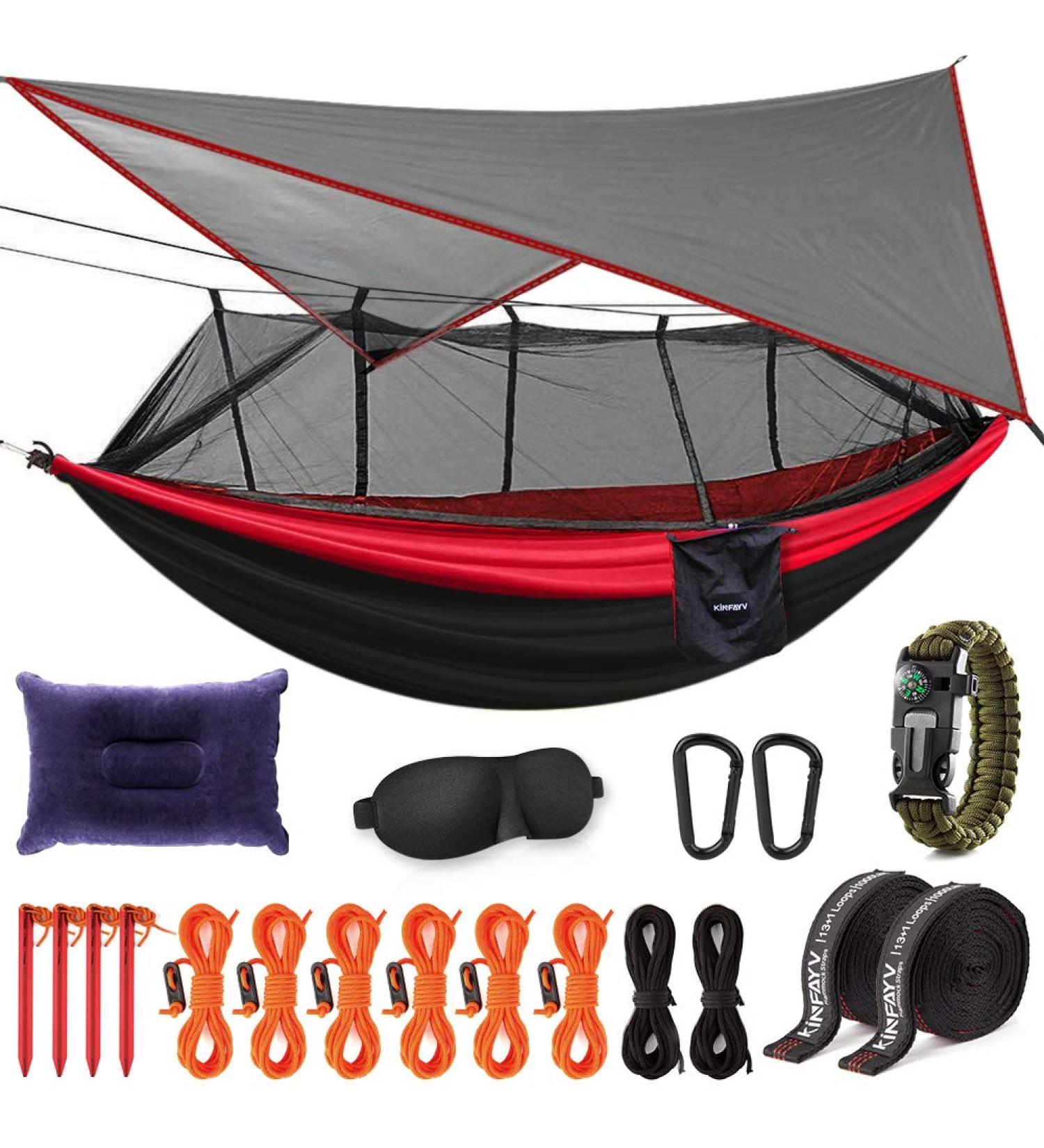 Kinfayv Camping Hammock with Net and Rain Fly - Portable Double Hammock for Travel, Backpacking & Outdoor Activities (Red) - Buy Online on GoSupps.com