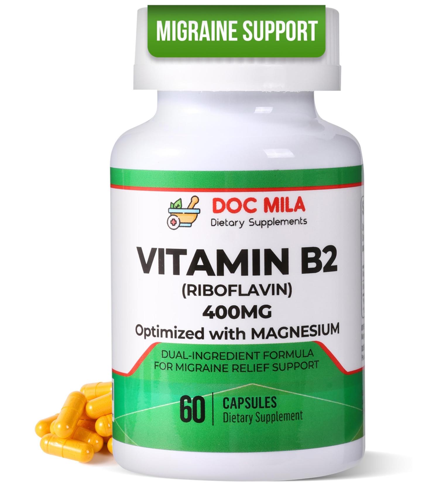 Vitamin B2 Riboflavin 400mg Capsules Migraine Relief Supplement for Kids & Adults Headache Support Vegan Vitamin Tablets 60 Pills (200mg per Capsule) - Buy Online on GoSupps.com