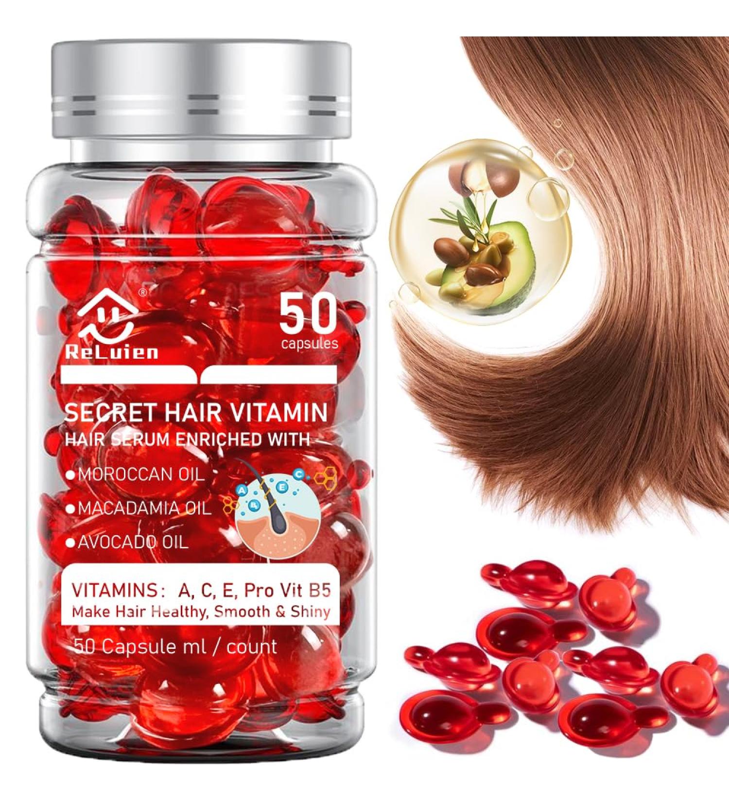 Hair Vitamin Serum Oil Capsules - 50pcs | Nourishing Treatment with A C E Pro B5 Moroccan & Avocado Oils | Repair Dry Damaged Hair for Men & Women - Buy Online on GoSupps.com